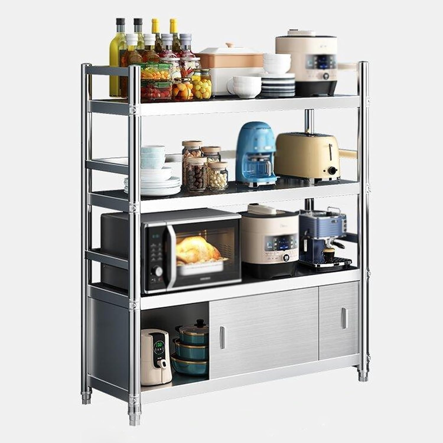 Wall Cabinet with Doors for Kitchen Wall Cabinets Storage, Wall Mount Cabinets for Kitchen, Multi-Tier Floor-Standing Storage Rack with Guardrails, Kitchen Wall Cabinet Organizer with Sliding Door,4-