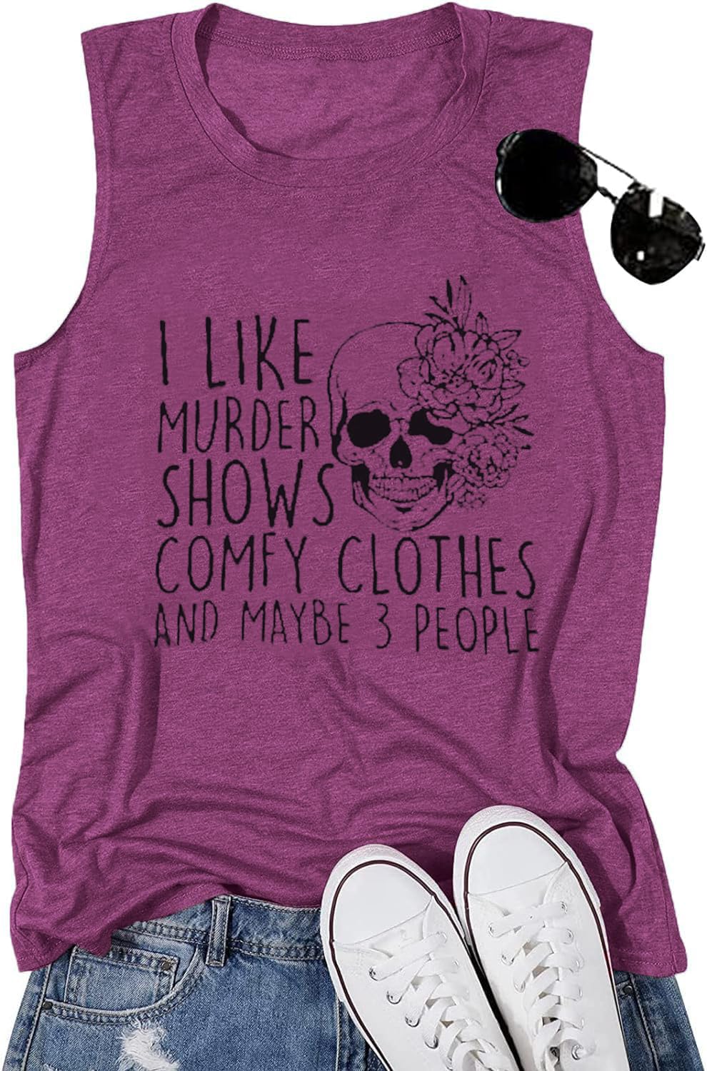 Women Novelty Shirt I Like Murder Shows Friends Horror Tee Maybe 3 People Funny Skull Graphic Casual Halloween