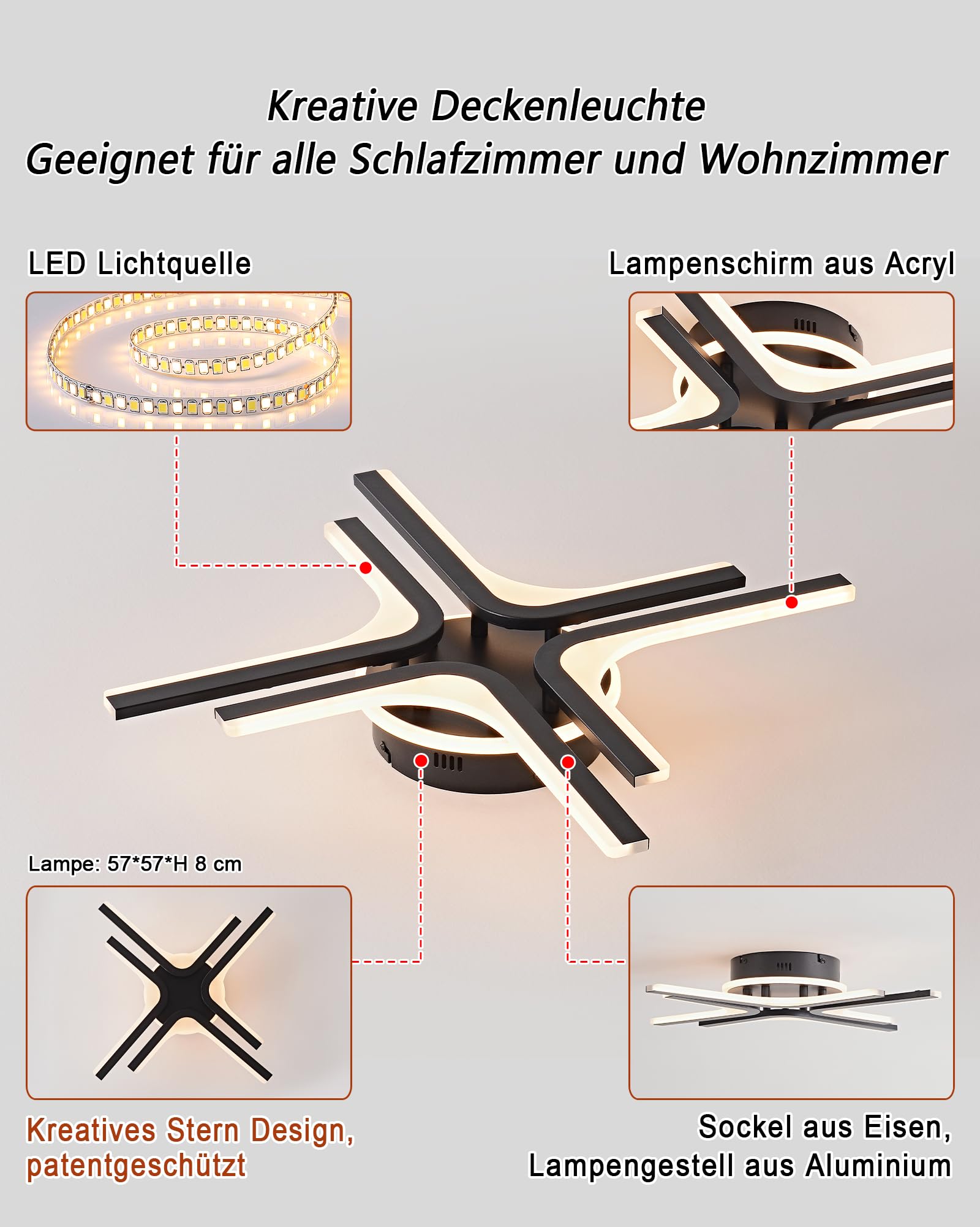 LED Deckenleuchte Dimmbar schwarz Stern, 57cm 32W Farbtemperatur 3000-6000K, Helligkeit 10-100%, Neu Fernbedienung/Mobile APP, Für Schlafzimmer, Wohnzimmer, Flur, Mit Memory-Funktion, 3W Nachtlicht