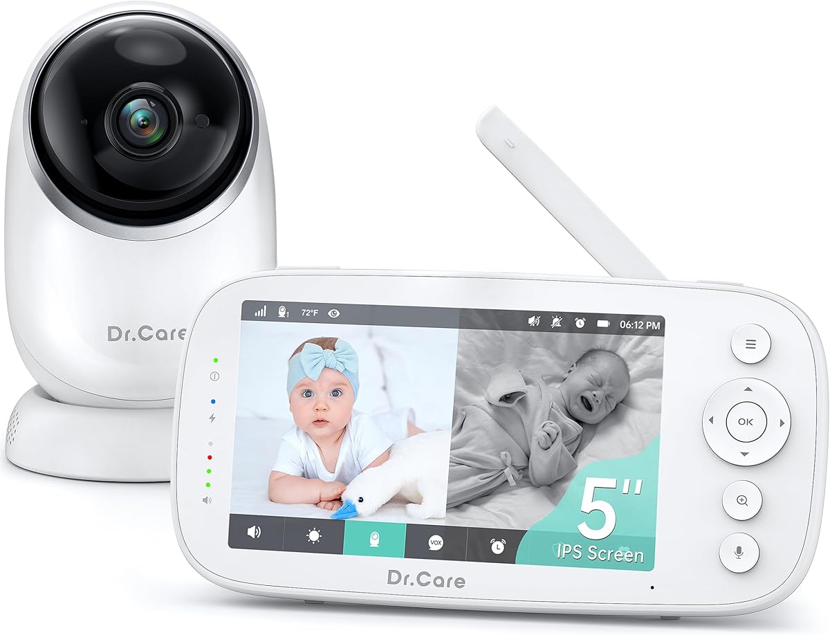 Dr.Care NovaView Video Baby Monitor - 5" 1080P Split Screen Display, 5000mAh Battery, Clear Night Vision, Real-Time/VOX, 2X/4X Zoom, 1000ft Range, 2-Way Audio, Pan & Tilt, No WiFi Baby Camera : Baby