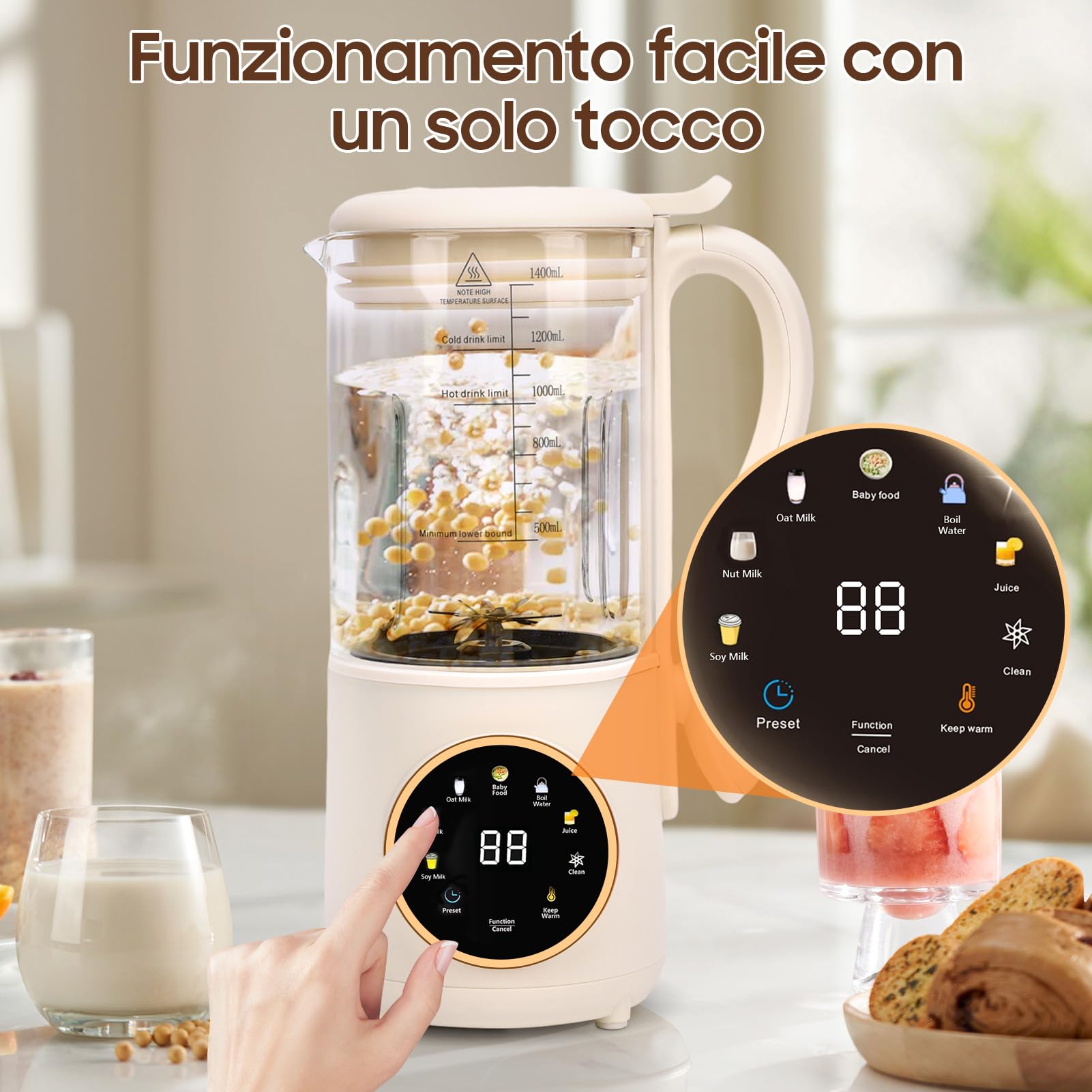 Macchina per Latte di Soia, 1400ml Automatico Multifunzionale Macchina per Latte di Noci con LED Display, Macchina per Latte Vegetale Fatto in Casa, Soia, Mandorle, Avena Bevande