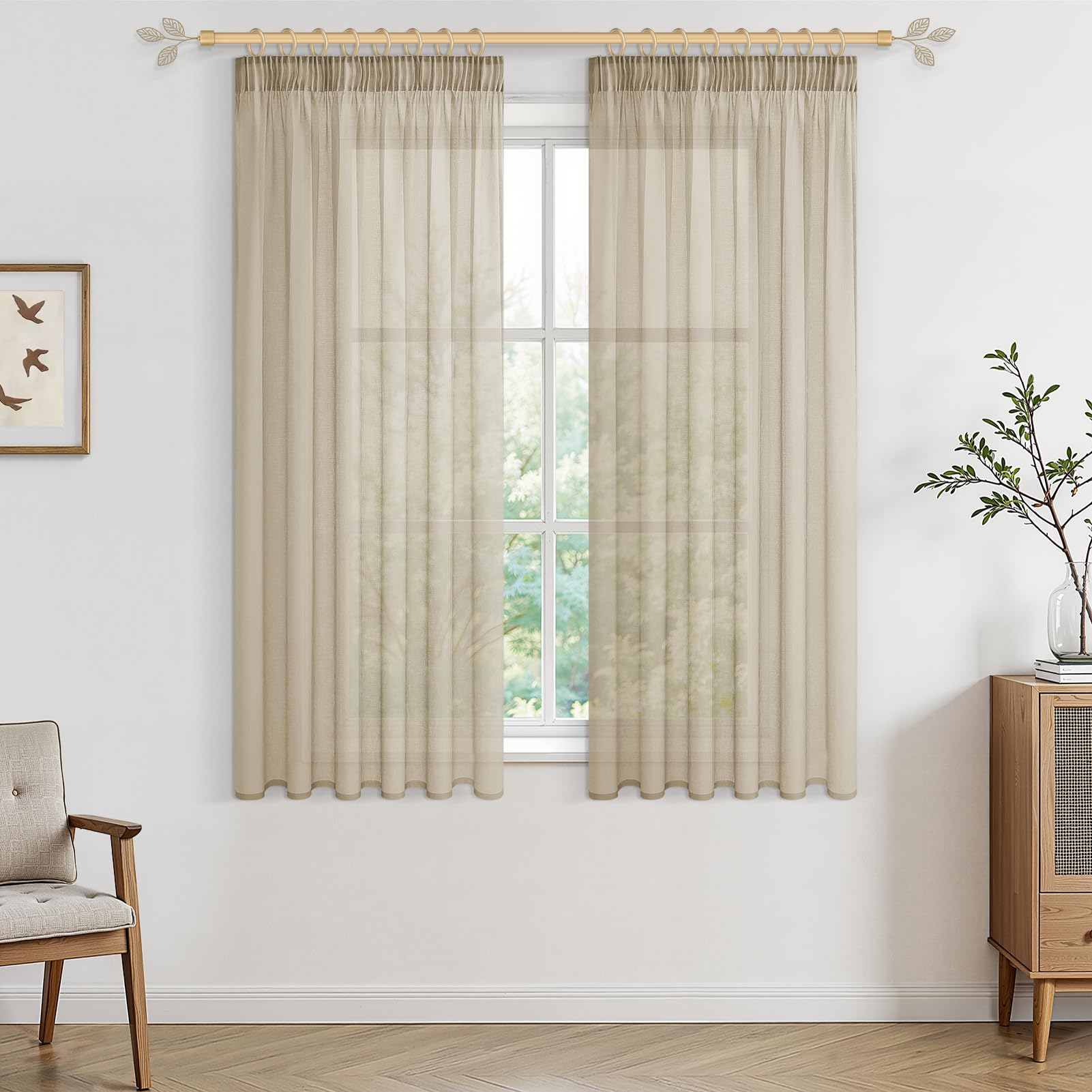 CUTEWIND Vorhang Transparent Beige 145X140cm (HxB) Gardinen Kurz mit Kräuselband Gardinen Beige Transparent Boho vorhänge Leinenoptik für Schlafzimmer Küche und Wohnzimmer, 2er Set