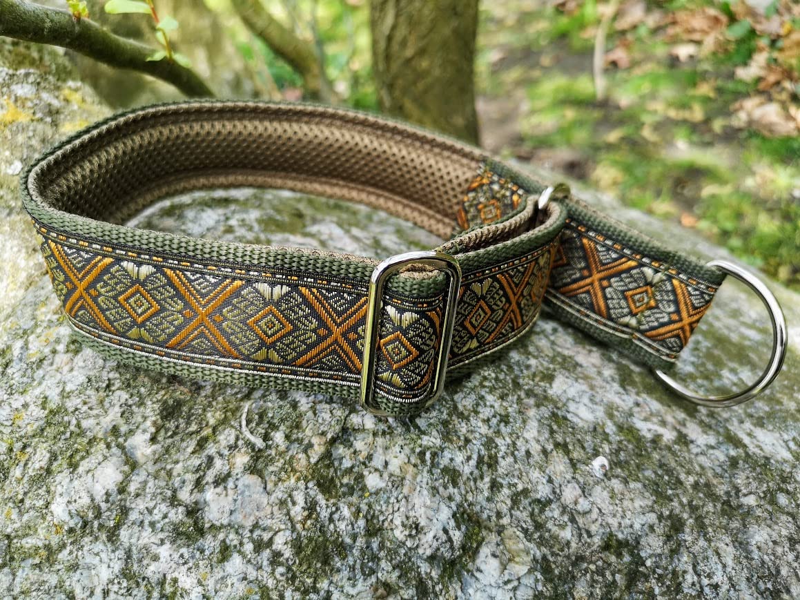 Zugstopp Hundehalsband extra breit 4cm weich gepolstert verstellbar Boho Ethno Muster braun beige Gold bis 44cm Hals 50cm Kopfumfang Stahl