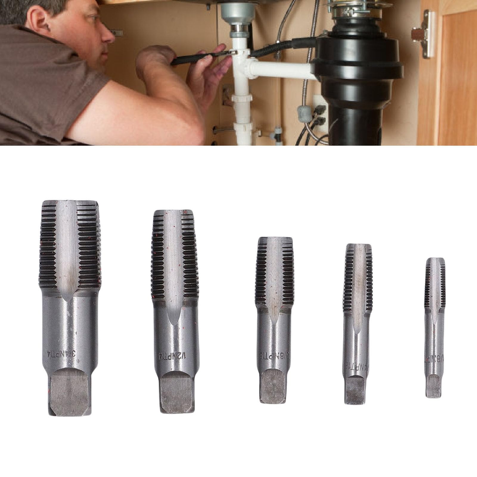 Juego de 5 machos de roscar para tuberías NPT, de Acero al Carbono, para fontanería, mecánicos y Aficionados al Bricolaje, con roscas de 3/4", 1/2", 3/8", 1/4" y 1/8".