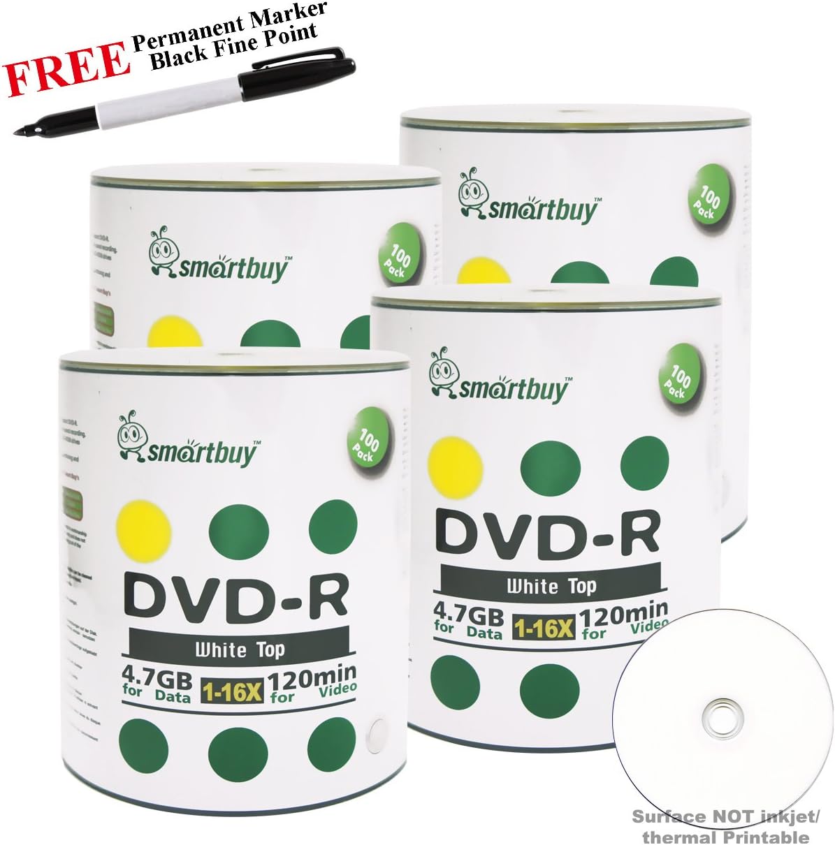Smartbuy 400-disc 4.7GB/120min 16x DVD-R White Top Blank Media Record Disc + Black Permanent Marker