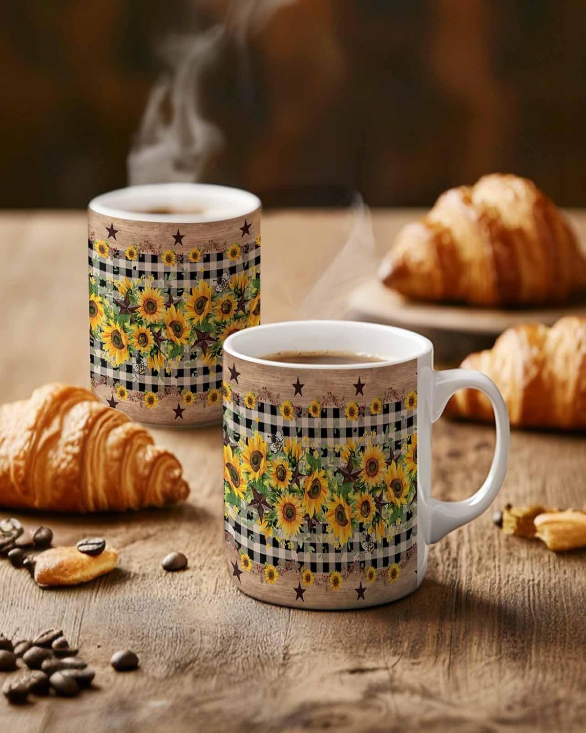 BEMIGO Ceramic Coffee Mug Country Star Sunflower Ceramic Mug White Cup, Vintage Buffalo Plaid Insulated Coffee Cup with Handle with Pattern Perfect for Tea and Hot Beverages, 12oz
