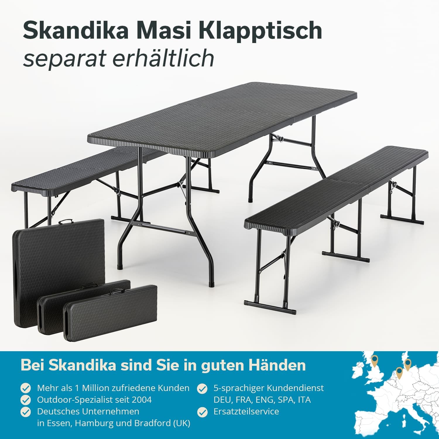 skandika MASI Mesa Plegable/Banco Plegable/Set de Mesa y Bancos | Banco hasta 300 kg, Mesa de jardín hasta 200 kg de Carga, Material Reciclado, Resistente a la Intemperie (2X Bancos Negro)
