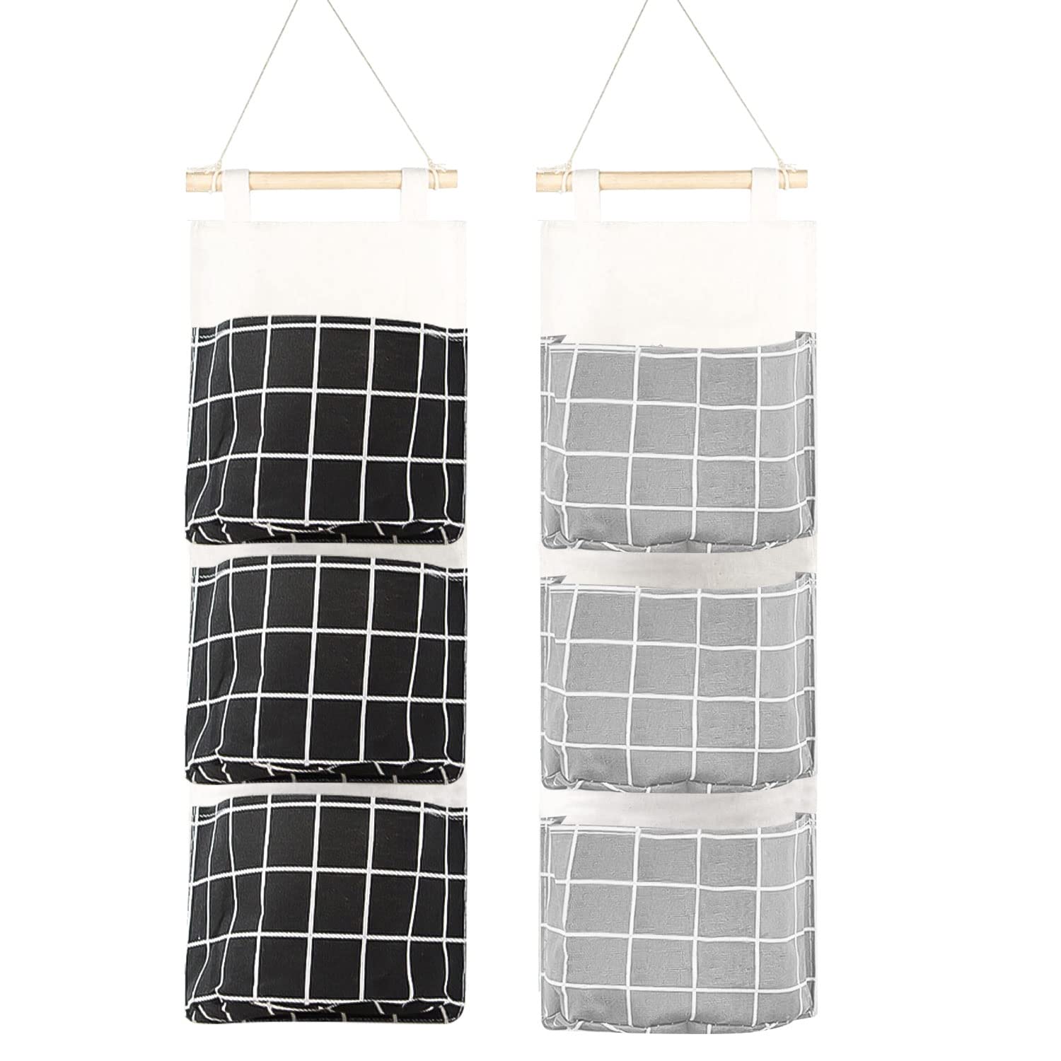 Portaoggetti Appeso Con 3 Tasche - Organizzatore In Lino E Cotone Per Casa E Ufficio, Grigio/Verde/Khaki - Foto 6