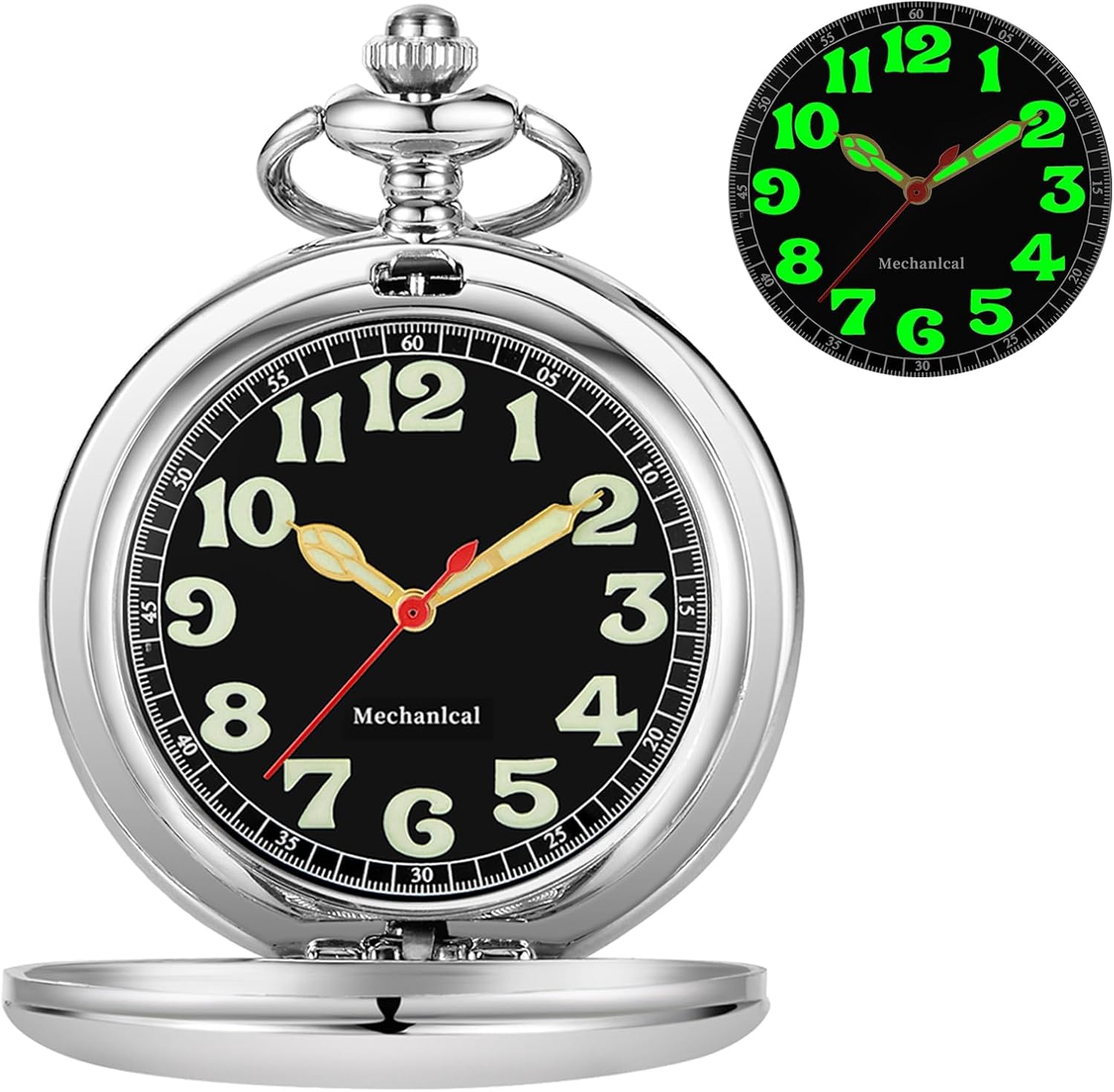 Smooth Case Pocket Watch Hand Wind Mechanical Luminous Arabic Numerals with Chain&Box Best Gift