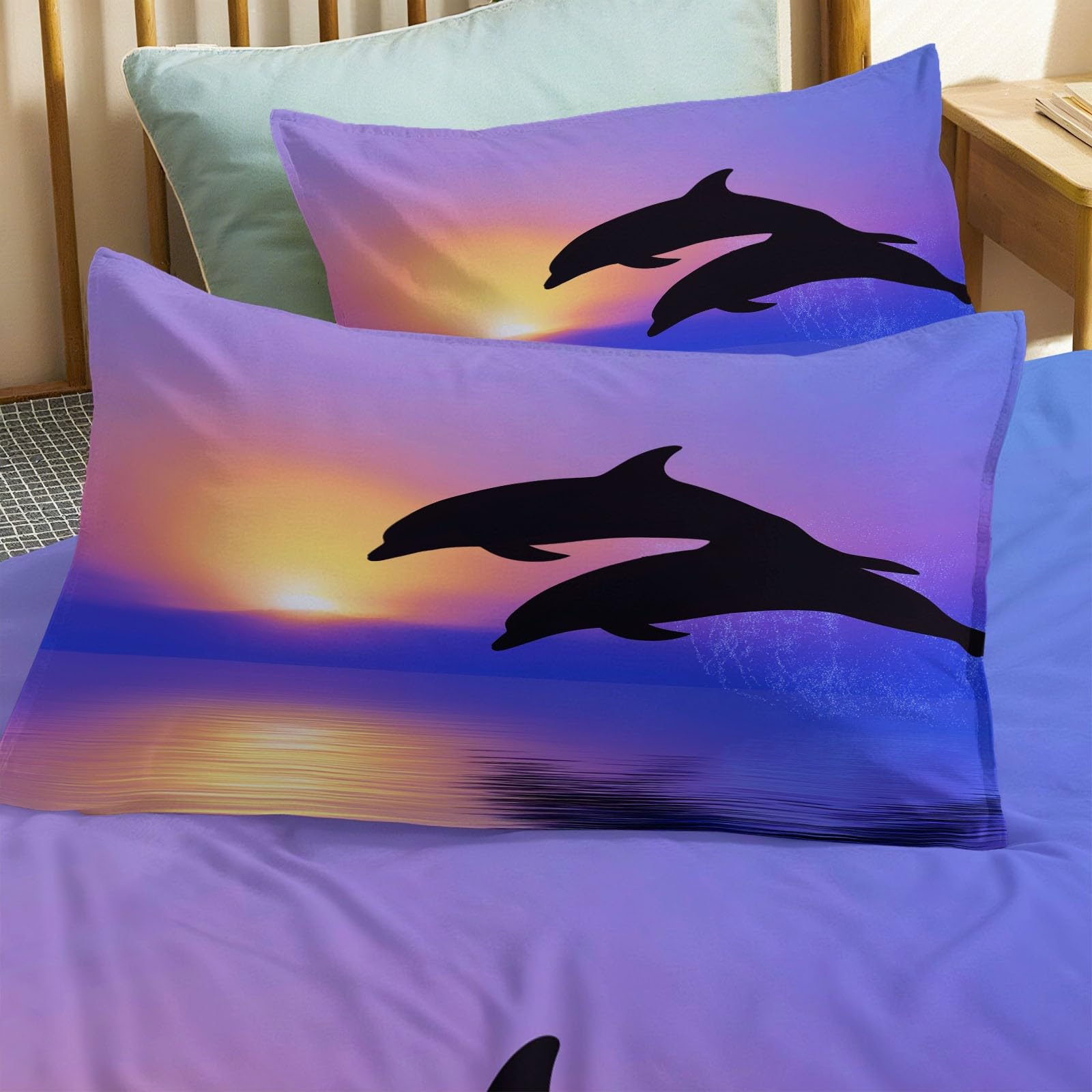 Generisch Miękka pościel 240 x 220 cm, 3-częściowy zestaw pościeli niebiesko-fioletowej z 2 poszewkami na poduszkę 80 x 80 cm – zwierzęta, delfiny, minimalistyczny zestaw pościeli oceanicznej dla