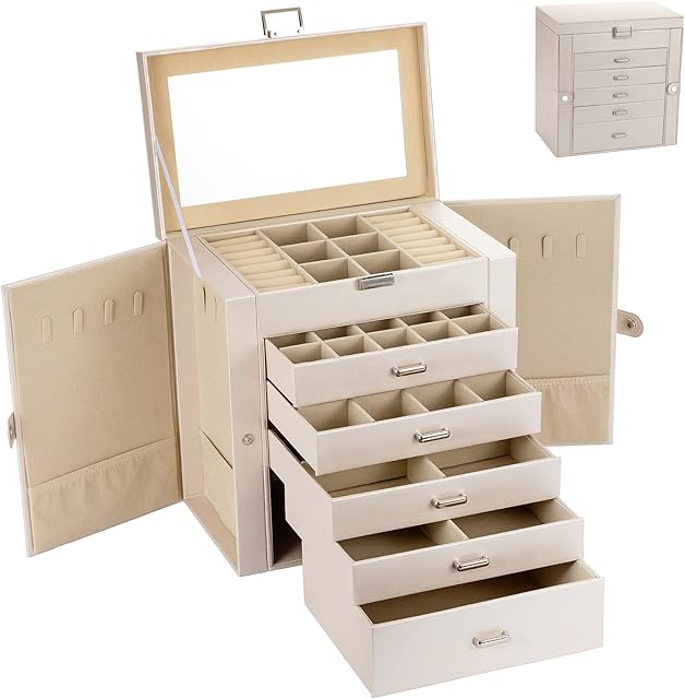 Jewellery Boxes Organiser for Women, 5 Layers PU Leather Large Jewellery Box Storage Case, Jewellery Box for Girls with Necklace Hangers Removable Compartment for Necklace Earrings Rings Jewelry Box