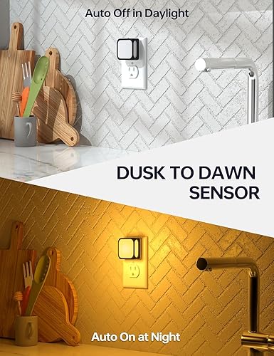Miniatura 4 de Paquete de 2 luces LED de noche para baño brillo suave de 3000 K, luz de pared enchufable con sensor de luz, encendidoapagado automático, ideal para