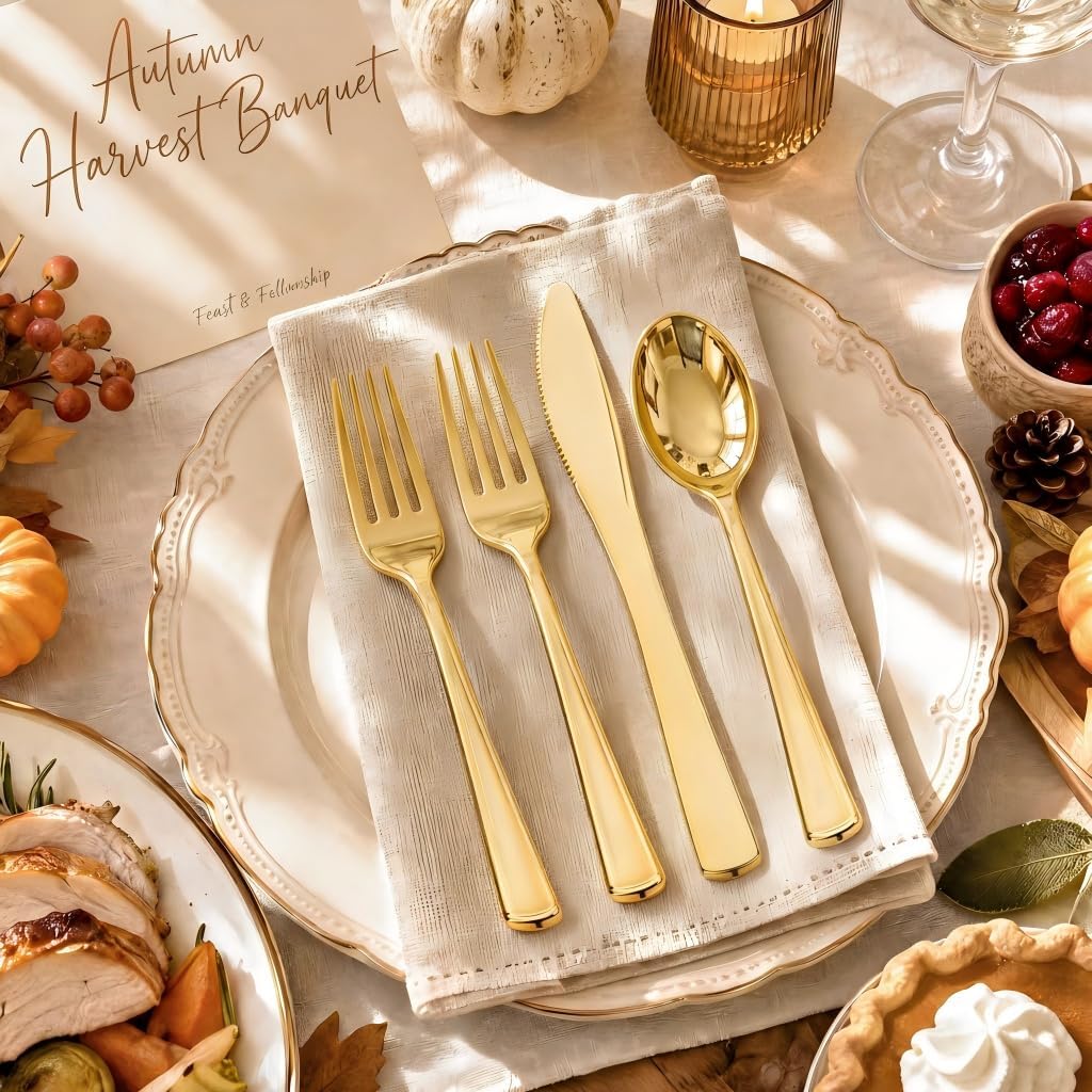 NOCCUR 400PCS Gold Plastic Silverware - Gold Plastic Cutlery Include 200 Forks, 100 Spoons, 100 Knives, Disposable Silverware Perfect for Party&Daily Using (Pack of 2) image 4