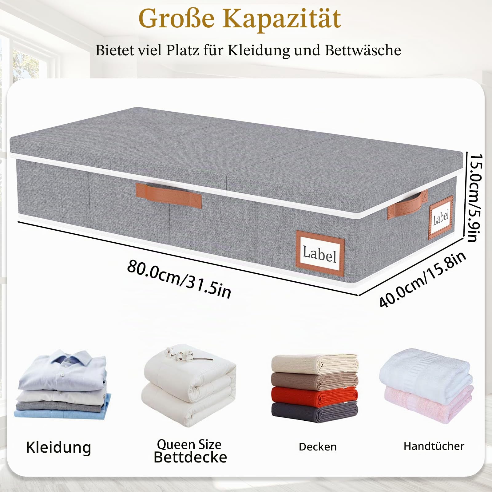 Yawinhe 3 Stück Unterbettkommode mit Deckel,48L Aufbewahrungsbox,Grau | Unterbett-Aufbewahrungstasche Faltbarer mit Griffen und Etikettentaschen,Kleideraufbewahrung für Bettdecken