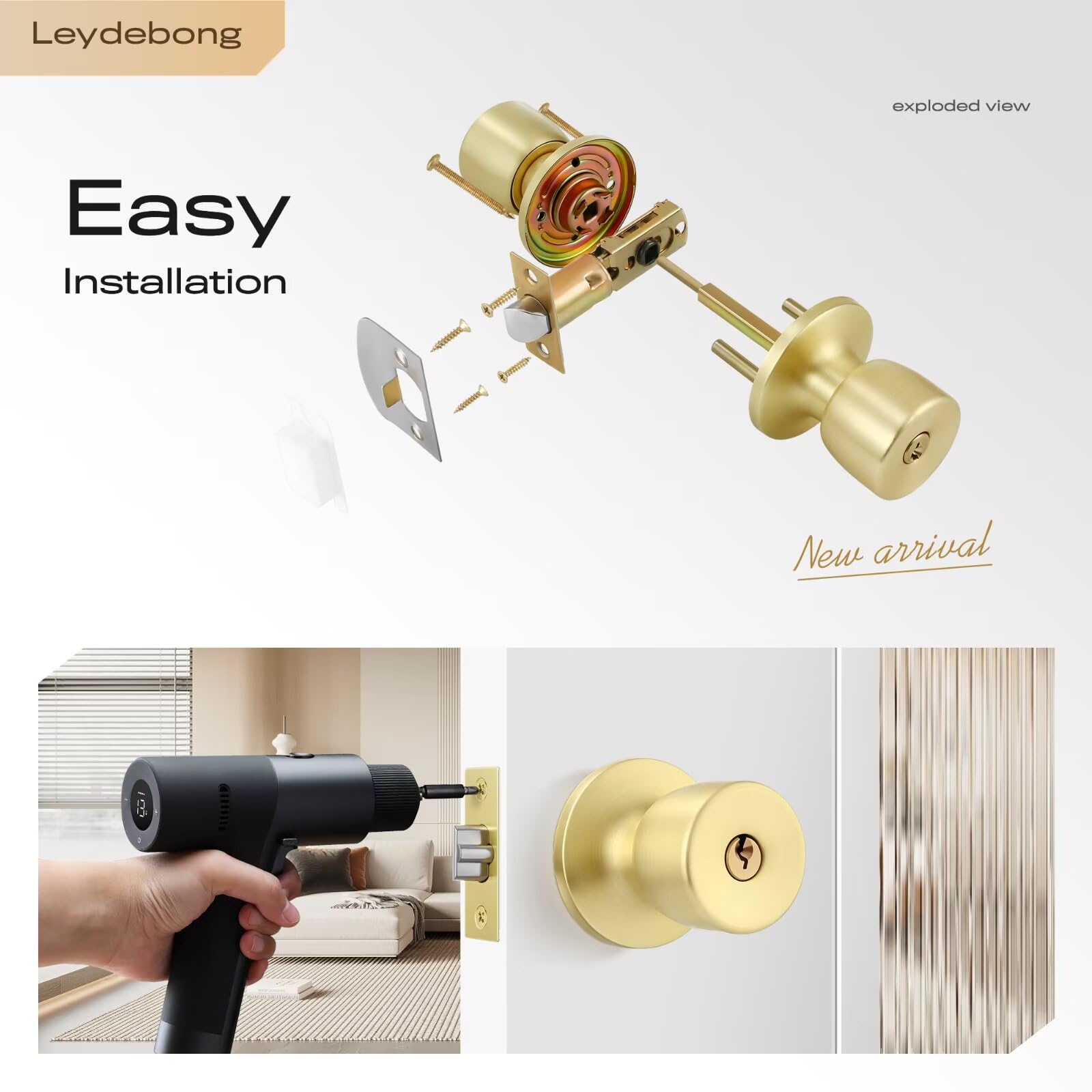 Leydebong Paquete de 5 pomos de puerta de acero inoxidable con cerradura dorada con llaves, respaldo ajustable de 60 a 70 mm para puertas de 35 a 45 mm de grosor, puerta delantera, dormitorio, baño