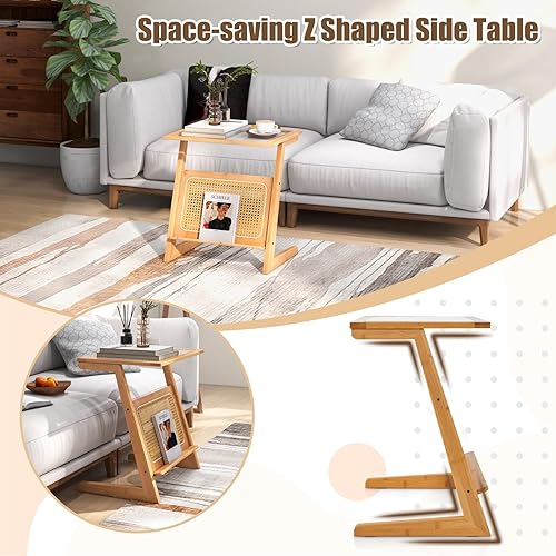 Miniatura 5 de GOFLAME Mesa auxiliar de ratán, mesa auxiliar en forma de Z con revistero, mesa auxiliar de bambú para sofá con parte superior de cristal, mesita de