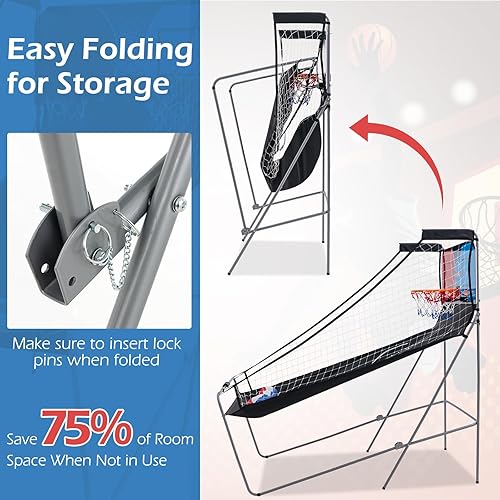 Miniatura 4 de GYMAX Juego de baloncesto para interiores, juego de baloncesto plegable con 8 modos de juego, sonido de arcade, 4 bolas y bomba de inflado, juegos