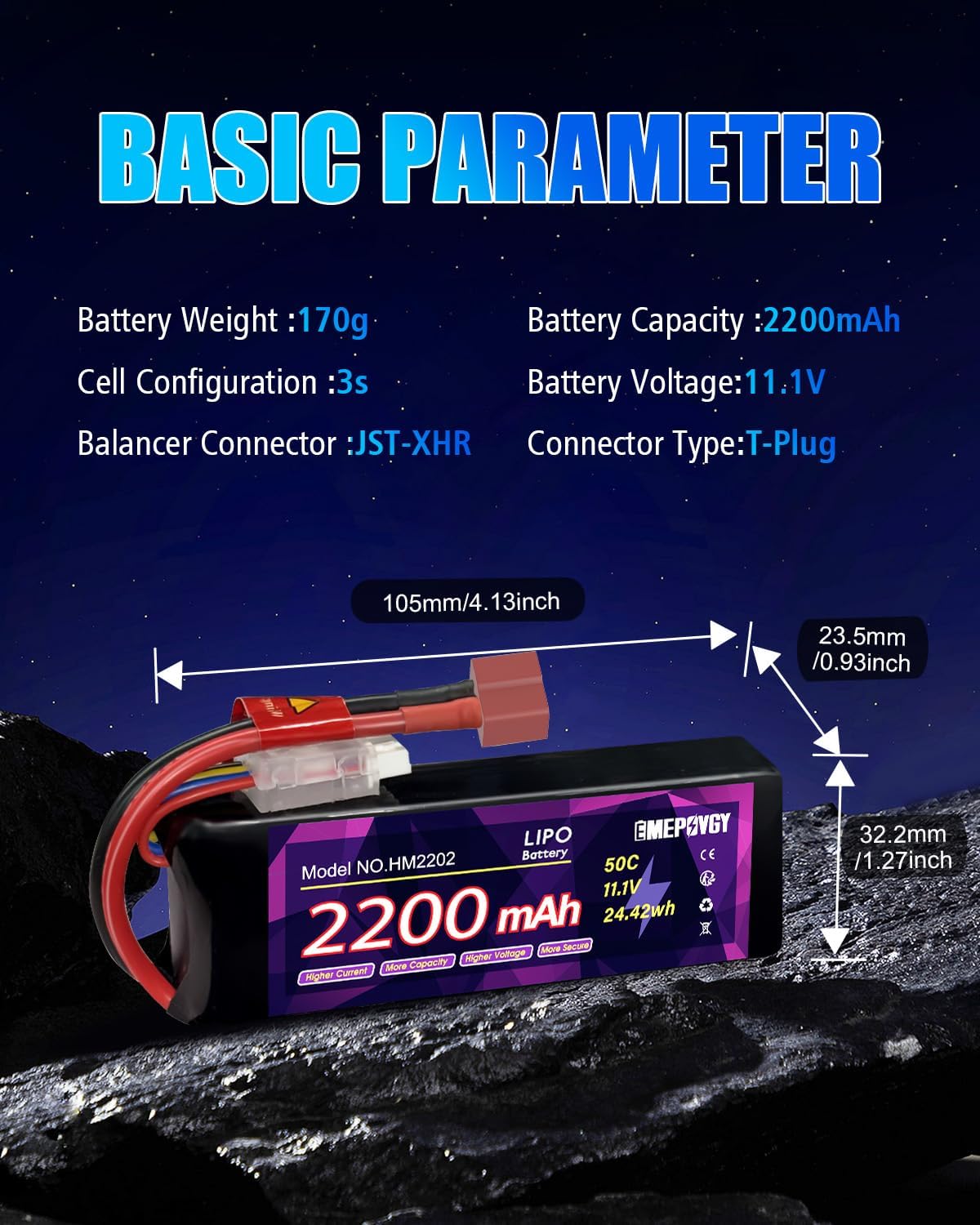 11.1V Lipo Battery Pack 3S 2200mAh 50C with T Plug for FPV Drone Quadcopter RC Airplane Aircraft(2 Packs)