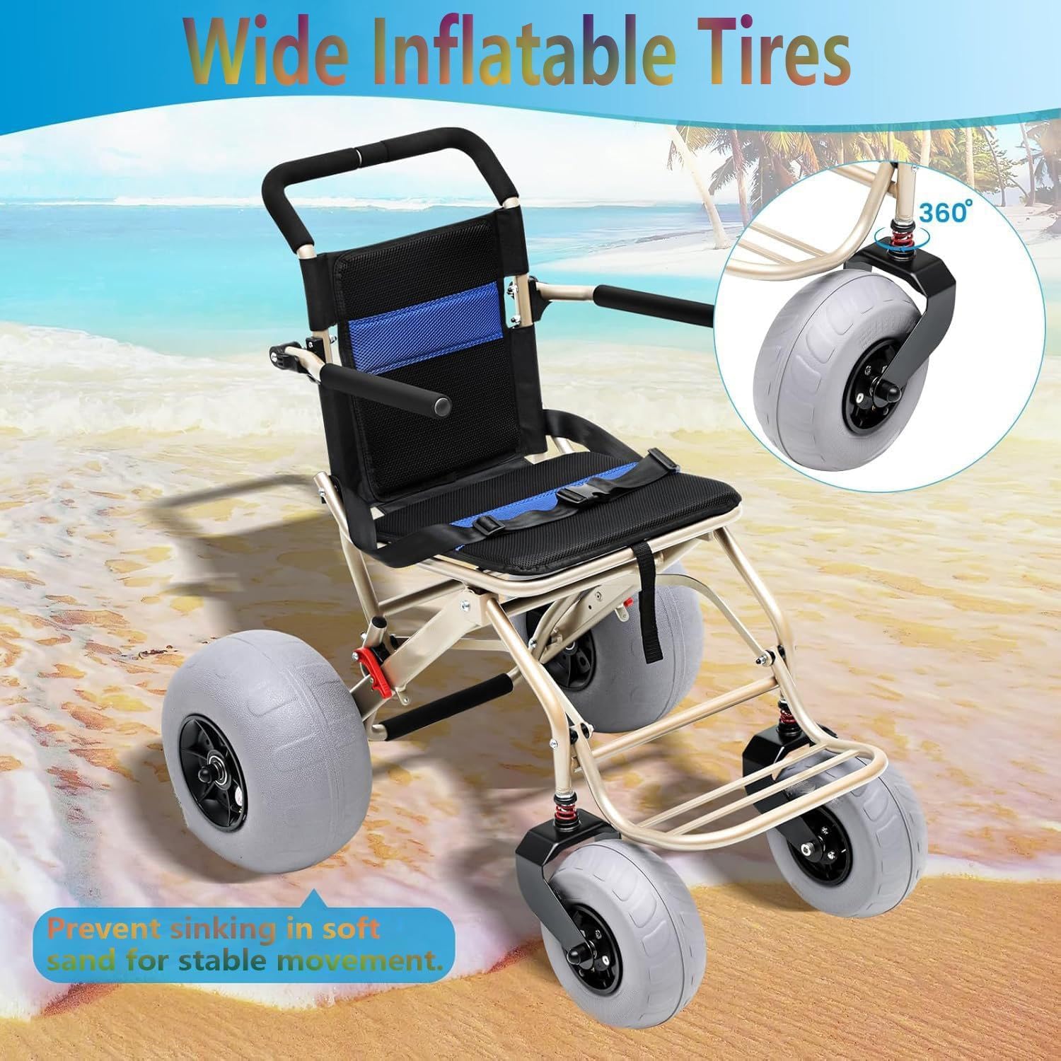 Silla De Ruedas Para Playa, Silla De Ruedas Todoterreno Para Playa, Con Ruedas Tipo Globo De 30 Cm Y 23 Cm, Diseño Plegable, Ruedas De Desmontaje Rápido, Apta Para Arena Blanda, Playa, Césped