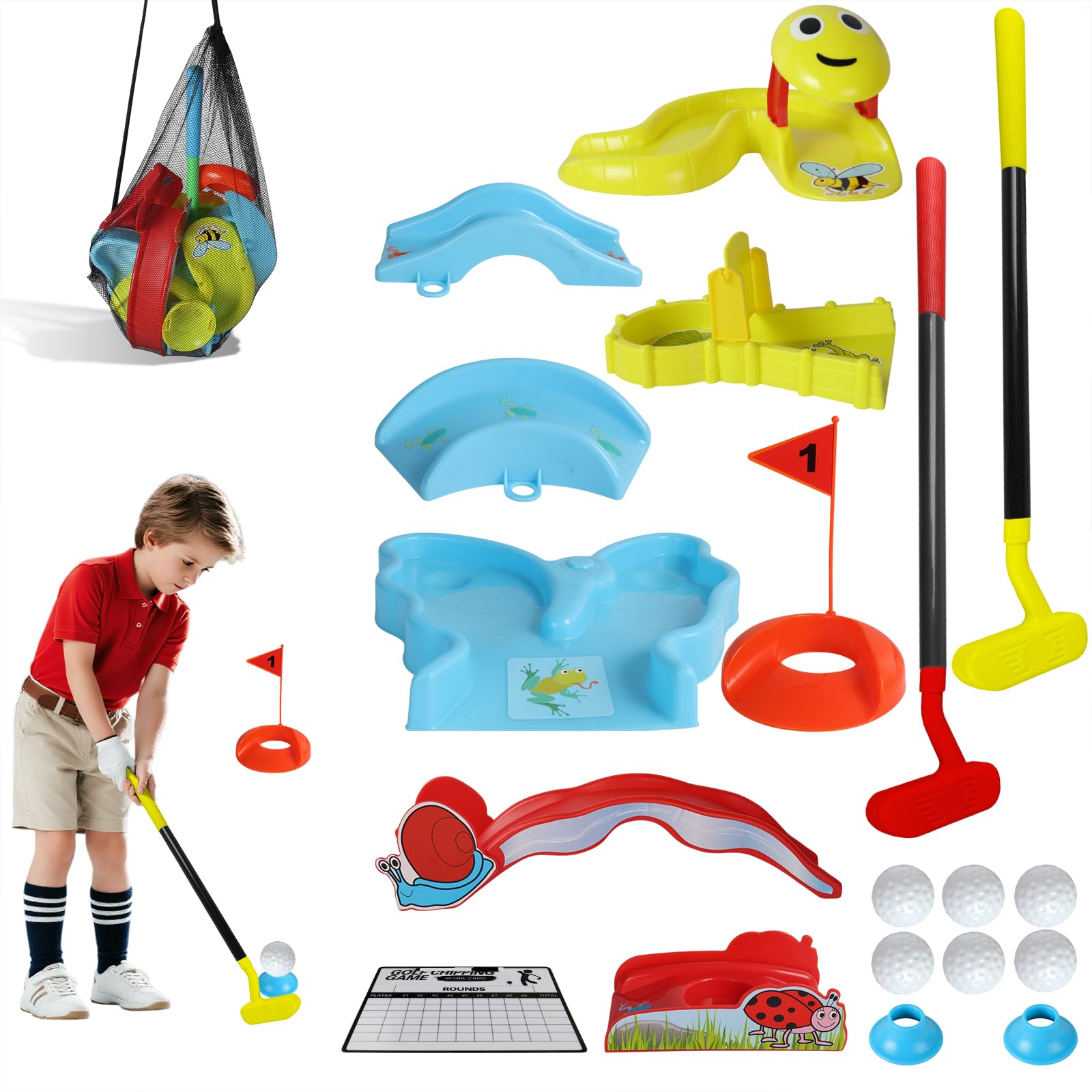 Kids Golf Set - Colourful Mini Crazy Golf Game with Plastic Golf Clubs, Balls, Flag, Customisable Golf Obstacles & Carry Bag, Fun Indoor & Outdoor Garden Toy, for Boys & Girls Aged 3-8