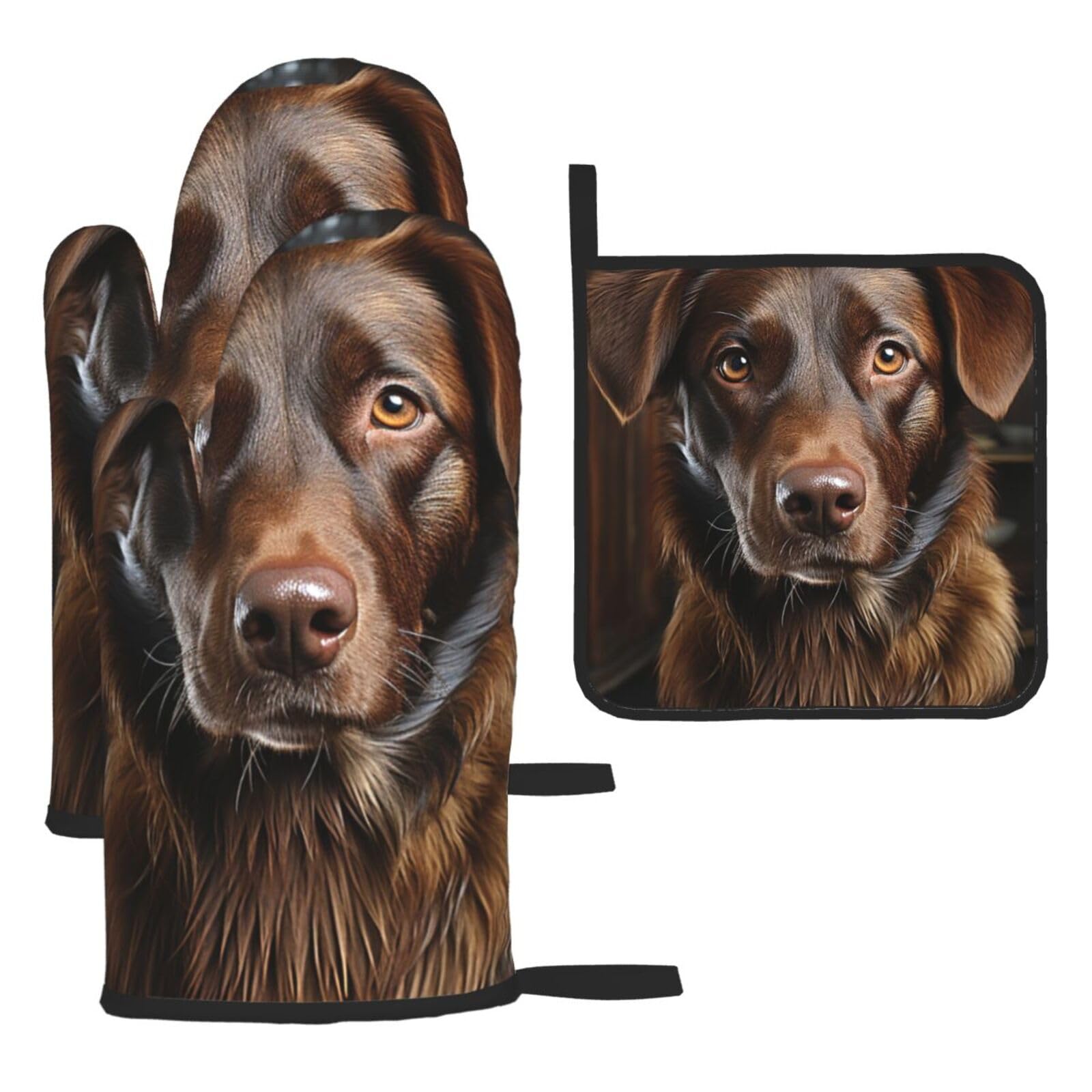 Oven Mitts and Pot Holders Sets of 3 Brown Labrador Oven Mitts 3 Pcs Heat Resistant Non Slip Ovens Gloves Hot Pads Kitchen Gloves Potholders for Baking Cooking BBQ Grilling