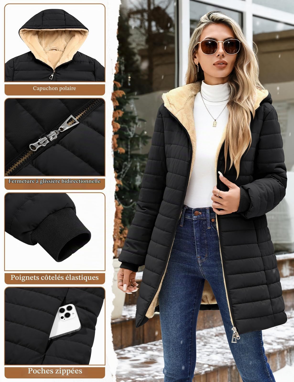 Tuopuda Manteau Femme Hiver Matelassée Veste Polaire Chaud Parkas Blouson Zippée à Capuche mi Longue Coat Outercoat Slim Fit Casual Jacket avec Poches