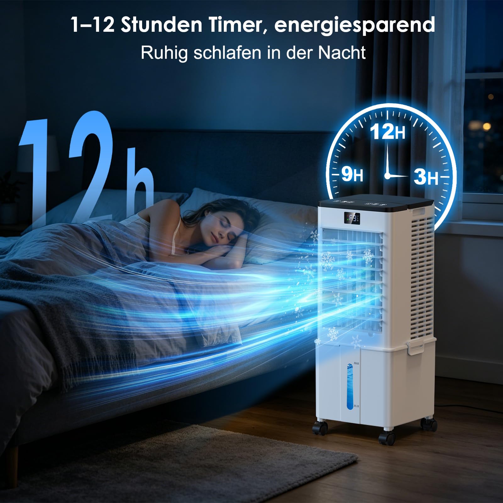Climatiseur Portable 4 en 1, Rafraîchisseur d’Air Évaporatif avec Réservoir de 10L, 4 Modes et 3 Vitesses, Minuterie 1–12h avec Roulettes, 4 Blocs Réfrigérants, pour la Maison, Blanc (Mat)