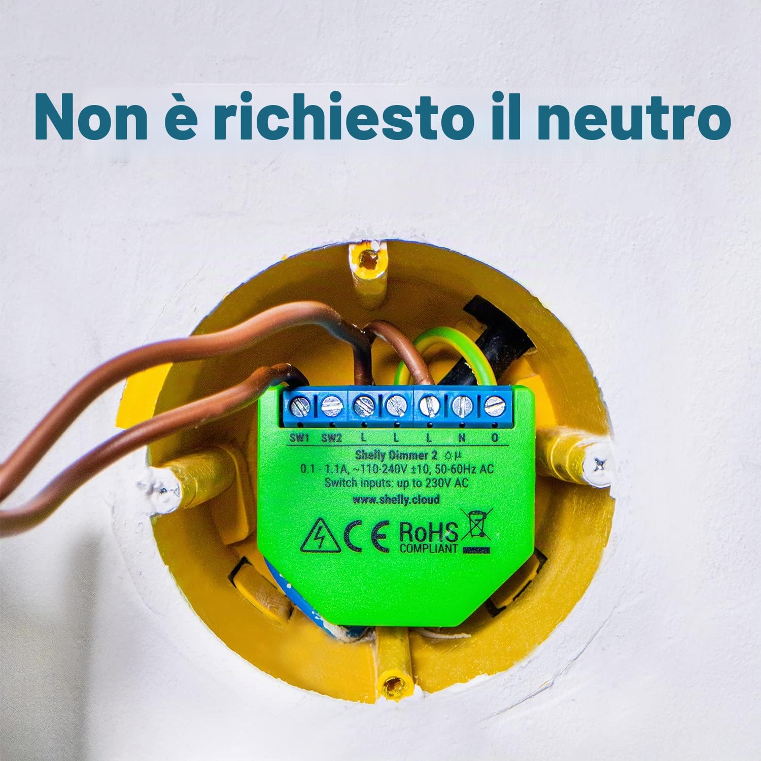 Shelly DIMMER 2 Dispositivo Wi-Fi per il Controllo di Luci Alogene, LED, Trasformatori Ferromagnetici Dimmerabili, Supportati da un’Alimentazione di 110-230V, Verde