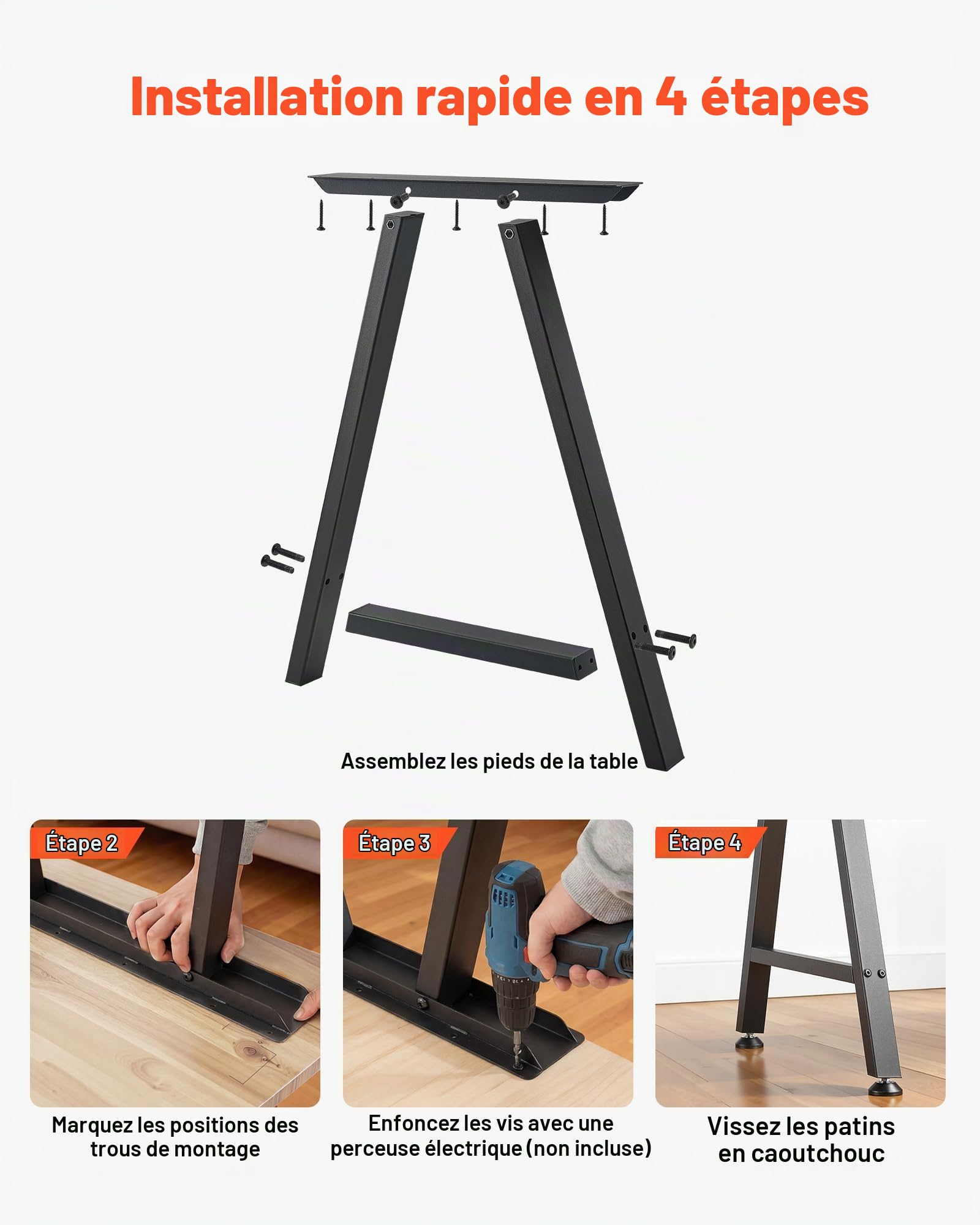VEVOR Pieds de Table Trapézoïdaux 740x550 mm Lot de 2, Pieds de Bureau en Acier au Carbone, Charge Max. 1000 kg pour Bureau, Table à Manger, Établi, Plan de Travail et Table de Bar, avec Patins, Noir