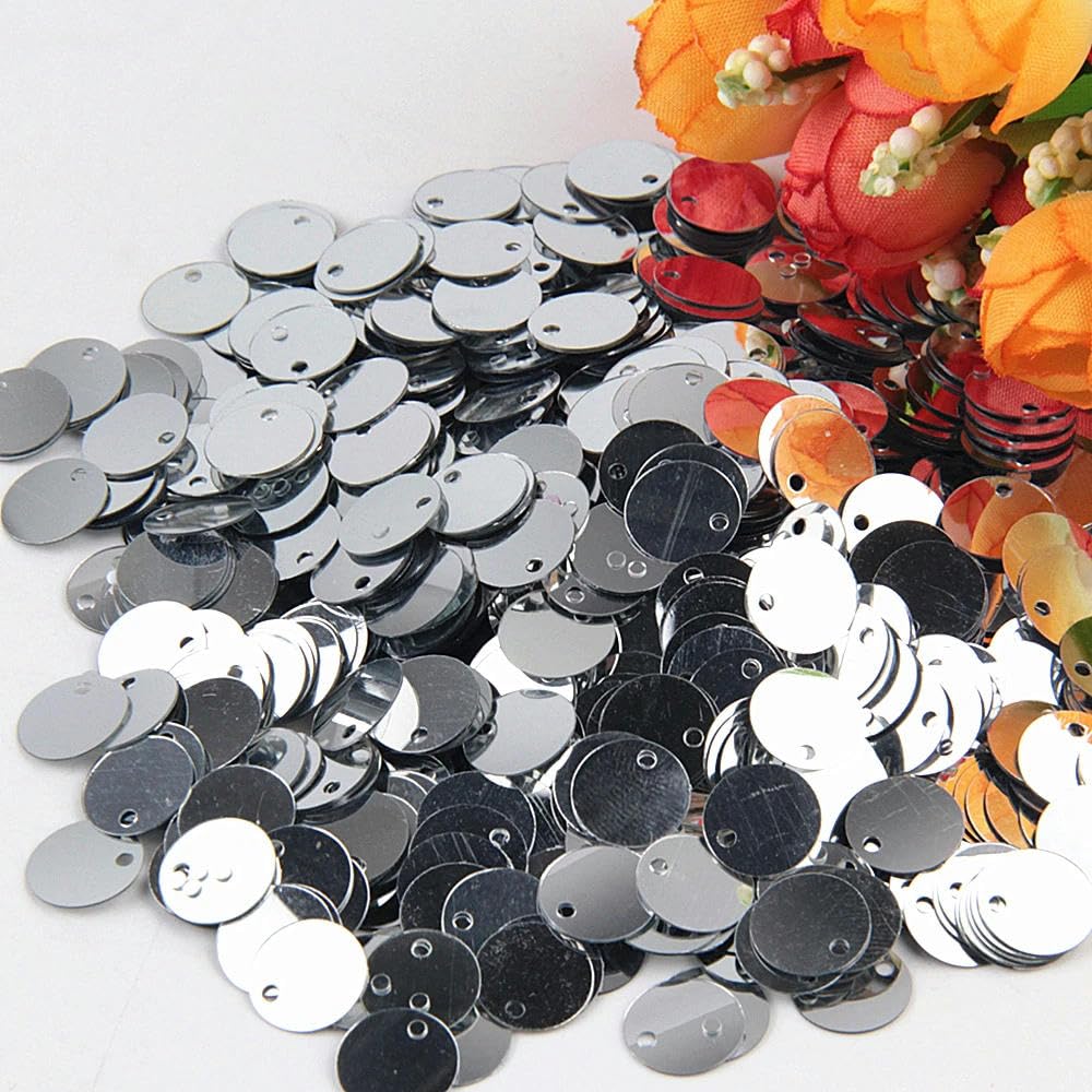 Glitter per artigianato e cucito, glitter piatti rotondi da 50 g, 10 mm, 15 mm, 20 mm, 25 mm, 30 mm, per cucito, matrimonio, tempo libero creativo (argento, 15 mm50 g600 pcs.1)
