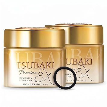 TSUBAKI Premium Hair Mask 2 Pack and hair tie, Bundle | Zero Wait Time Salon Quality Deep Conditioner for Dry Damaged Hair, Camellia Oil Infused Treatment Bundle