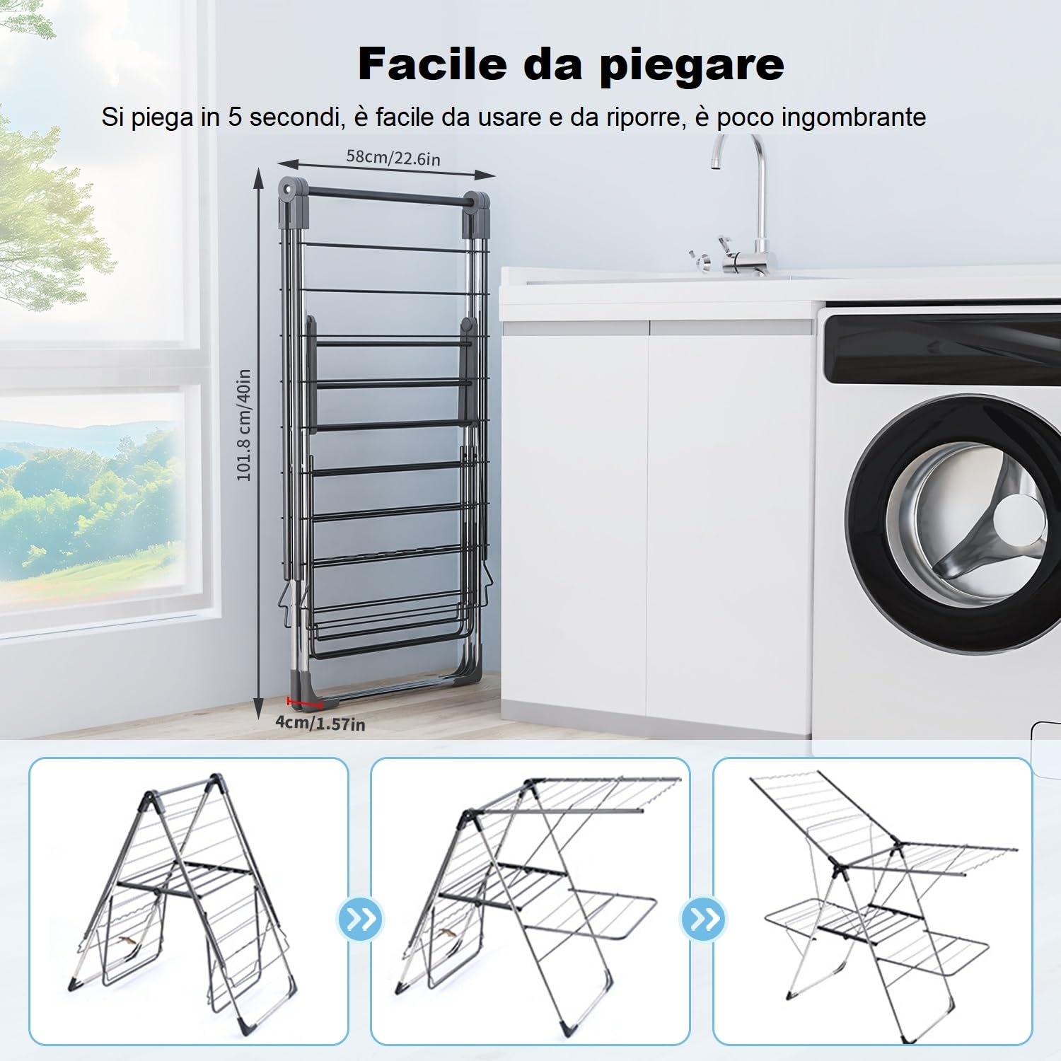 Innotic Stendibiancheria Pieghevole Portatile Stendino Verticale Salvaspazio, Acciai Inossidabili, con Accessori, per Balcone Esterno,