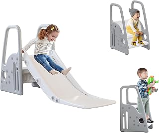 3 in 1 Toddler Large Play Climber Slide PlaySet with Extra Long Slipping Slope Indoor Kids Slide Toddler Playground Toddler Slide Outdoor Toys for Toddlers (Gray)