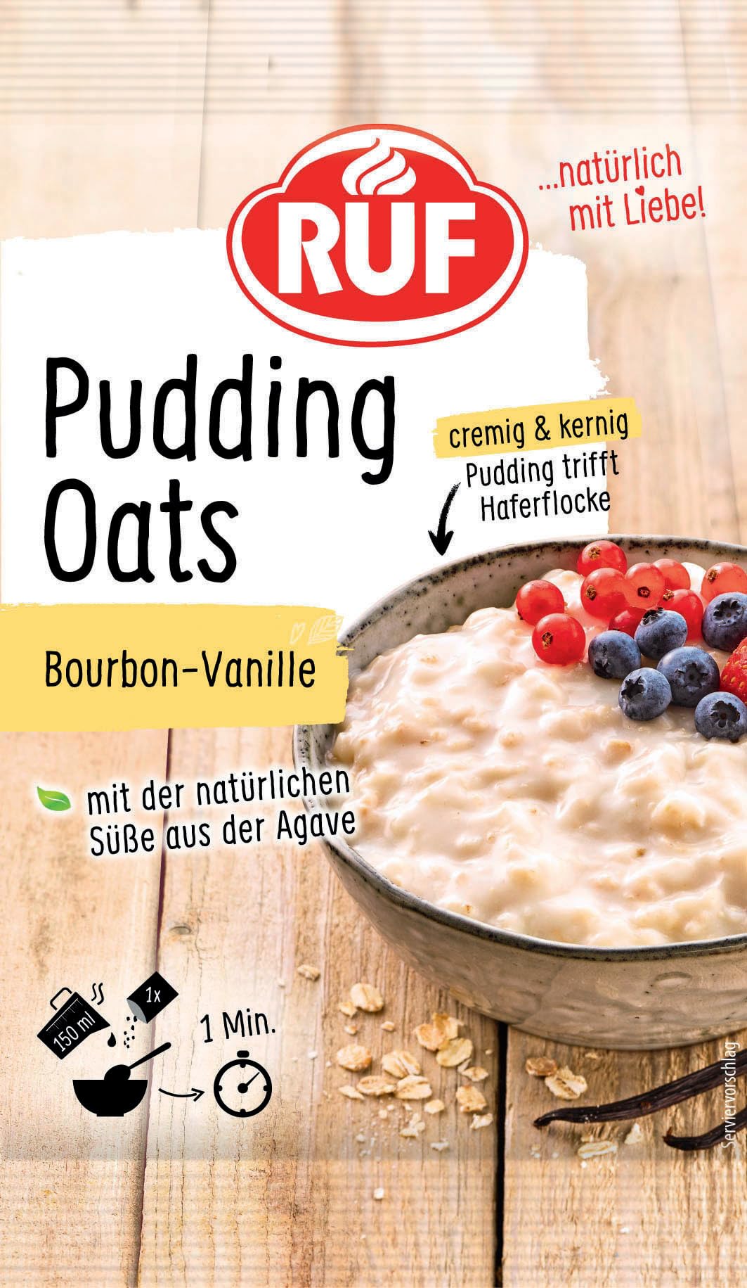 RUF Pudding Oats Bourbon-Vanille, Haferflocke trifft Pudding, ohne Zucker, nur die natürliche Süße der Agave und gemahlene Vanilleschote, 1 x 60g