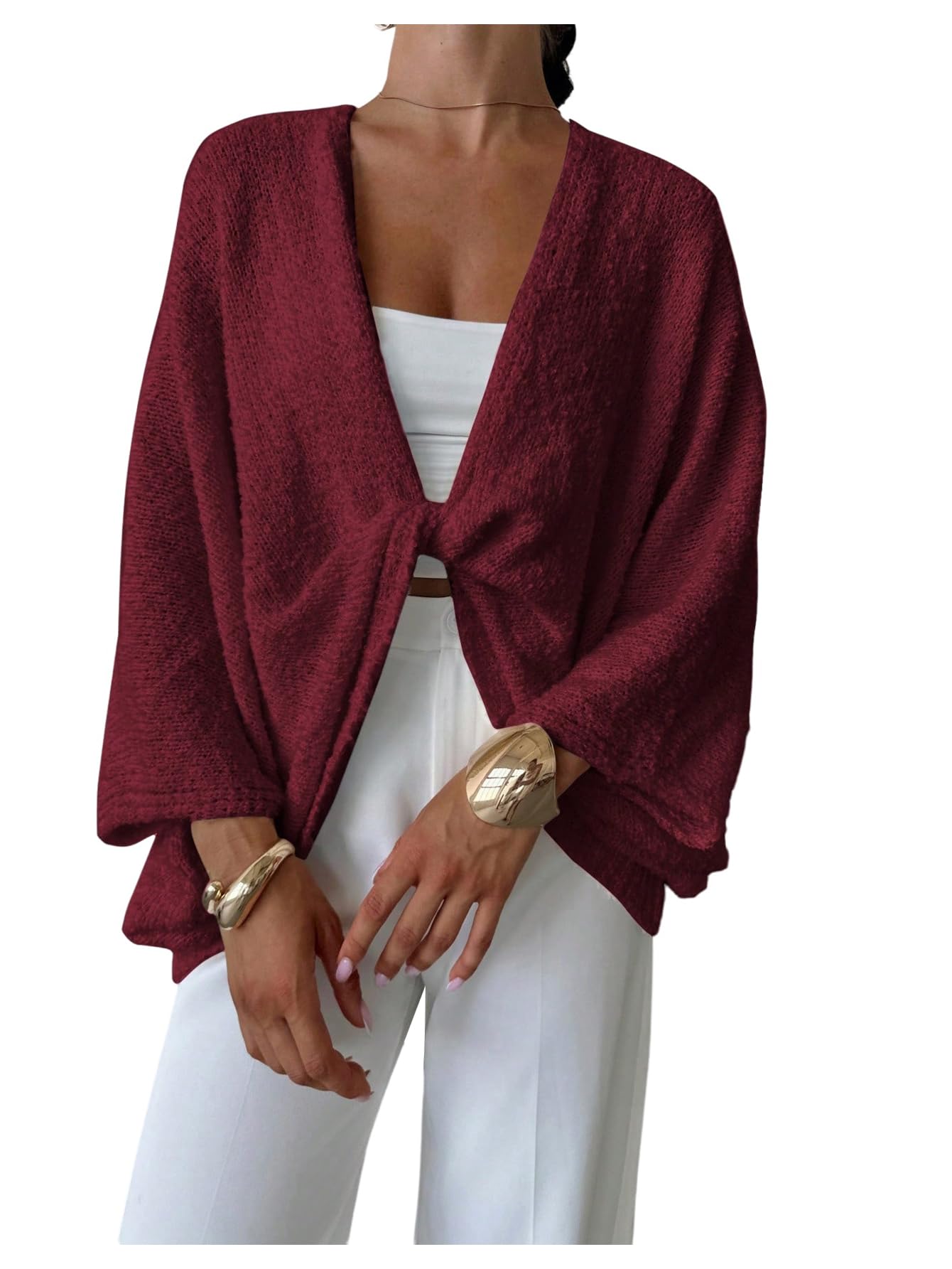 SHENHE Womens Twist Front Cardigan Sweaters Oversized Bat Wing Knit Shawl Cardigan Pullover Burgundy Medium