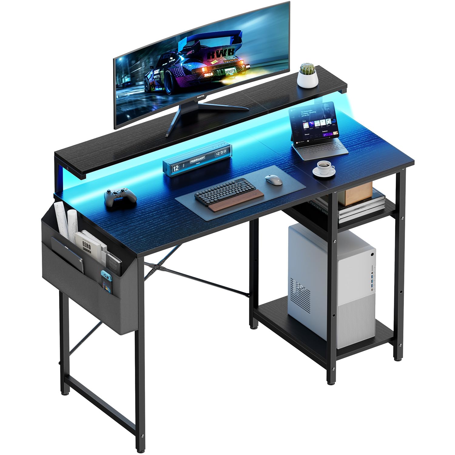 HLDIRECT 40" Gaming Desk with 3-Height Adjustable Monitor Stand