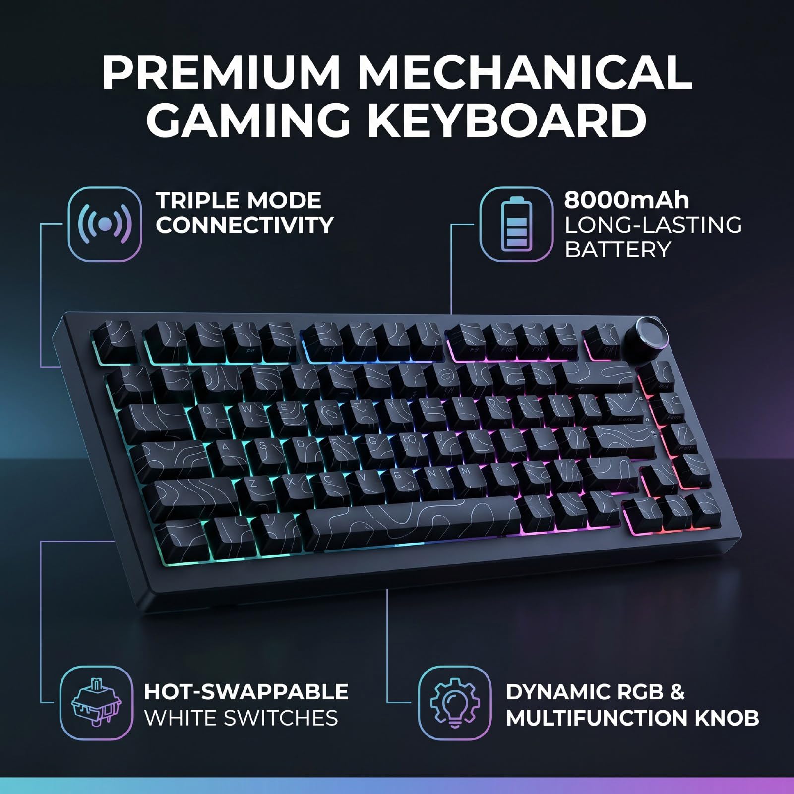 Tastiera Meccanica Wireless, Supporto per Guarnizione Retroilluminato RGB Sostituibile a Caldo Al 75% con Batteria da 8000 MAh, per PC da Gioco Mac (di contorno nera)