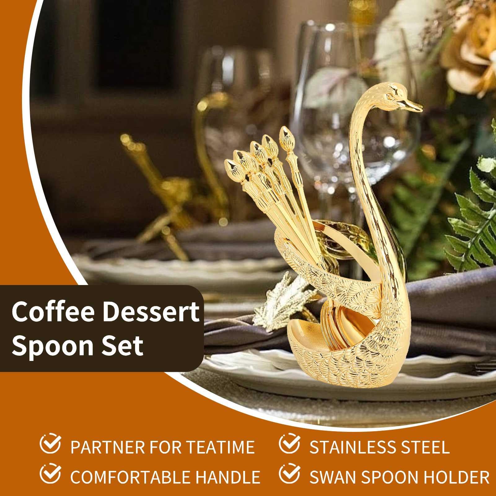 Nexoria Cucchiaini da caffè, 6 pezzi a forma di cigno, cucchiaino da caffè, con porta cigno, set di cucchiaini da dessert, cucchiaio organizer con