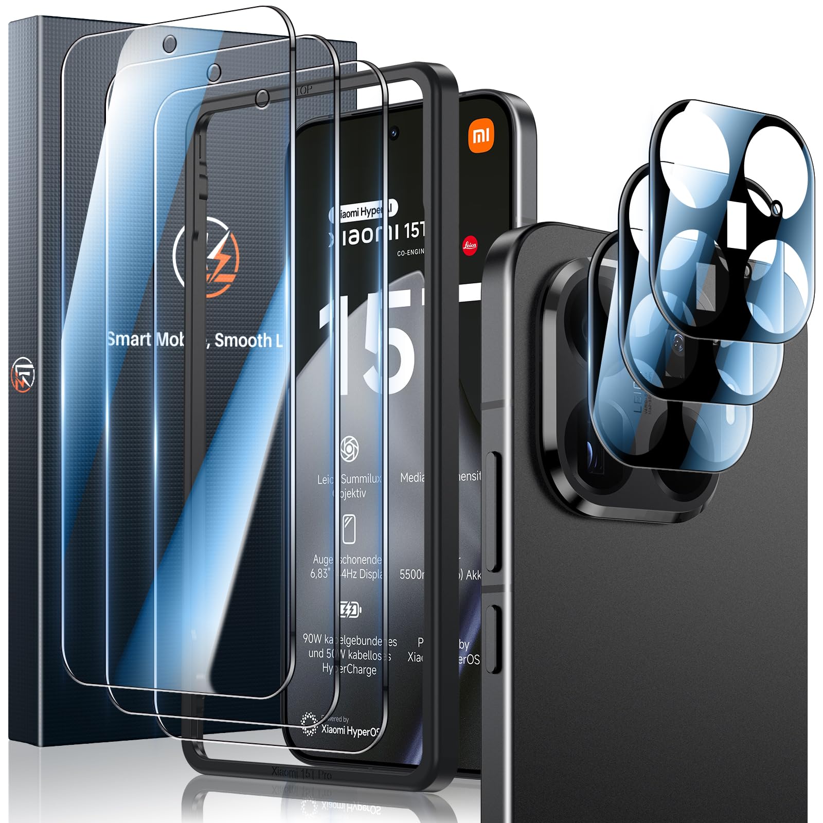 LK Schutzfolie für Xiaomi 15T Pro Panzerfolie, 9H Härte Glas, 0.30mm Ultra Klar Displayfolie, Blasenfreie Fingerabdruck-ID Unterstützen, 3 Kameraschutz und 3 Stück Mi 15T Pro Folie mit Einbaurahmen