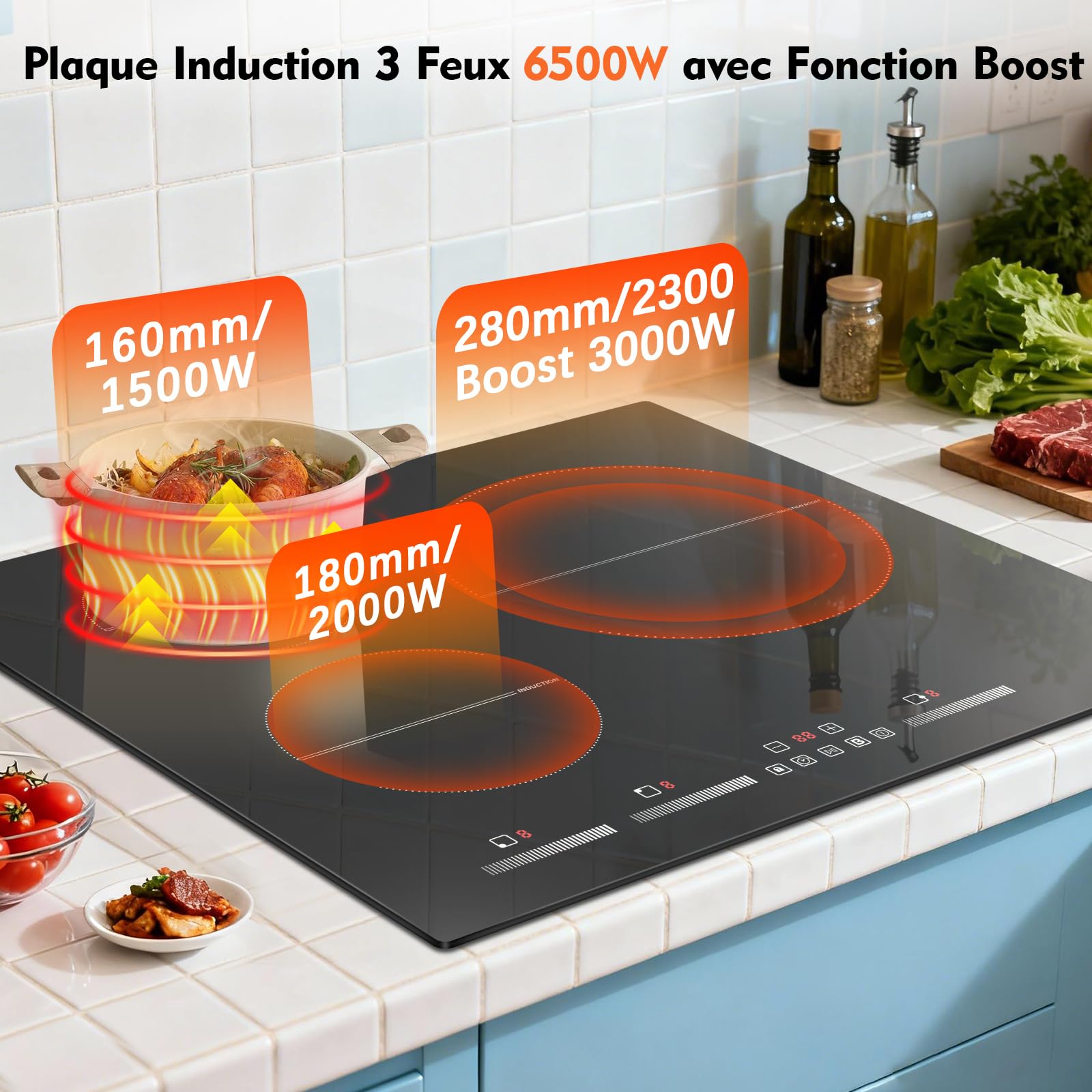 Plaque à Induction 3 Feux, Table de Cuisson Induction Encastrable 60CM, Fonction Boost, Minuterie, Fonction Pause, Verrouillage de Sécurité, Commande Slider Touch, 6500W, 220V - 2