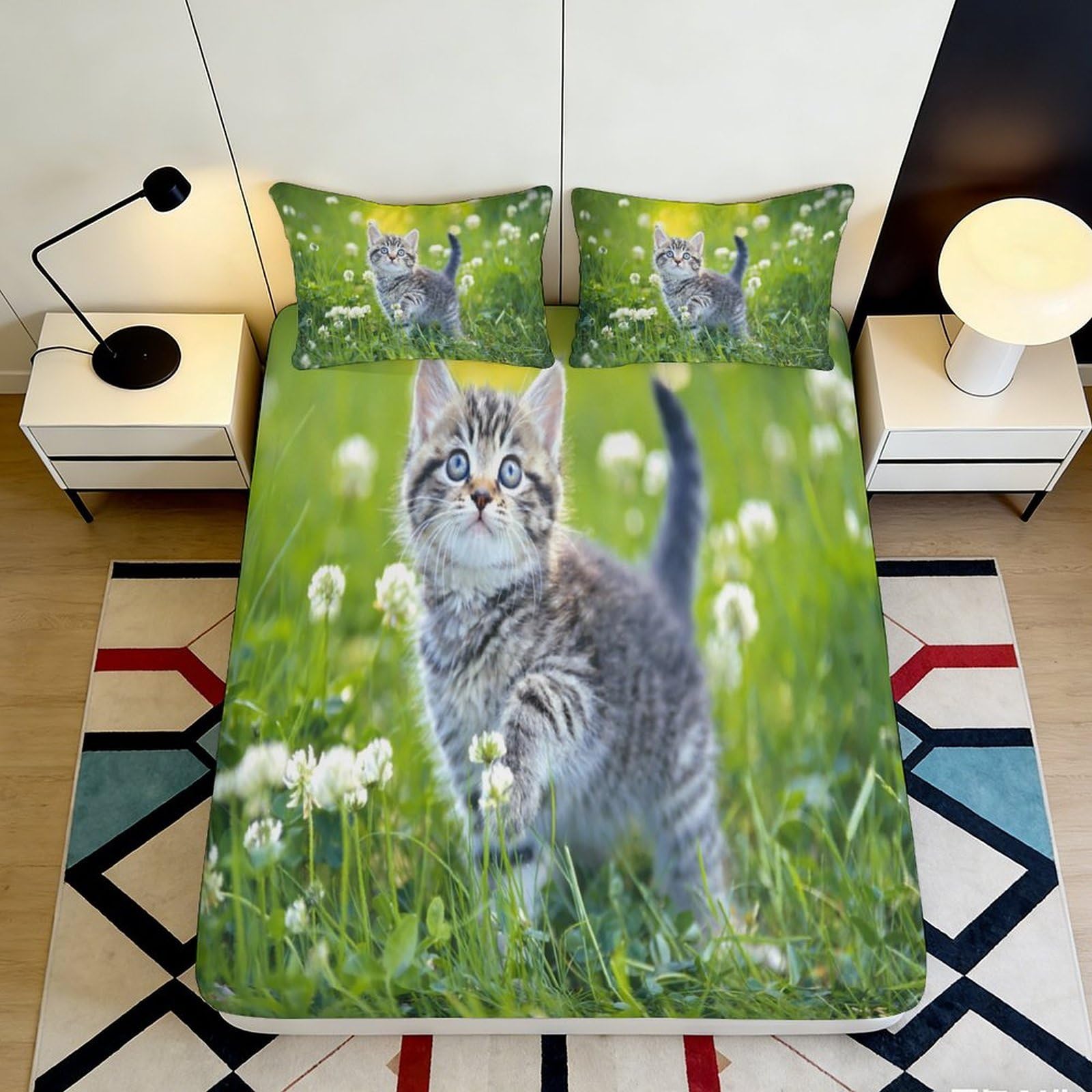 Pnayamiorkfel Style-7 3D Printed Cute Kitten Fitted Sheet Microfiber Soft Breathable Cat Meadow Mattress Cover For Bedroom Decor 90X200x25cm