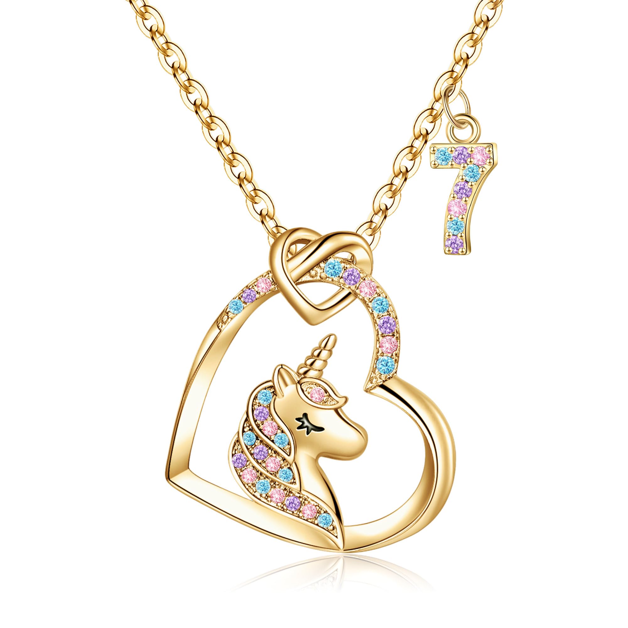 Hidepoo 7 Year Old Girl Birthday Gifts - Gold Plated Colorful CZ Heart Pendant Unicorn Necklace Girls Jewelry for 7 Year Olds