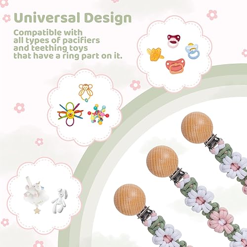 Miniatura 7 de Paquete de 2 clips trenzados para chupete para niños y niñas bebés, macramé con margaritas para bebé, correa hecha a mano estilo bohemio para el