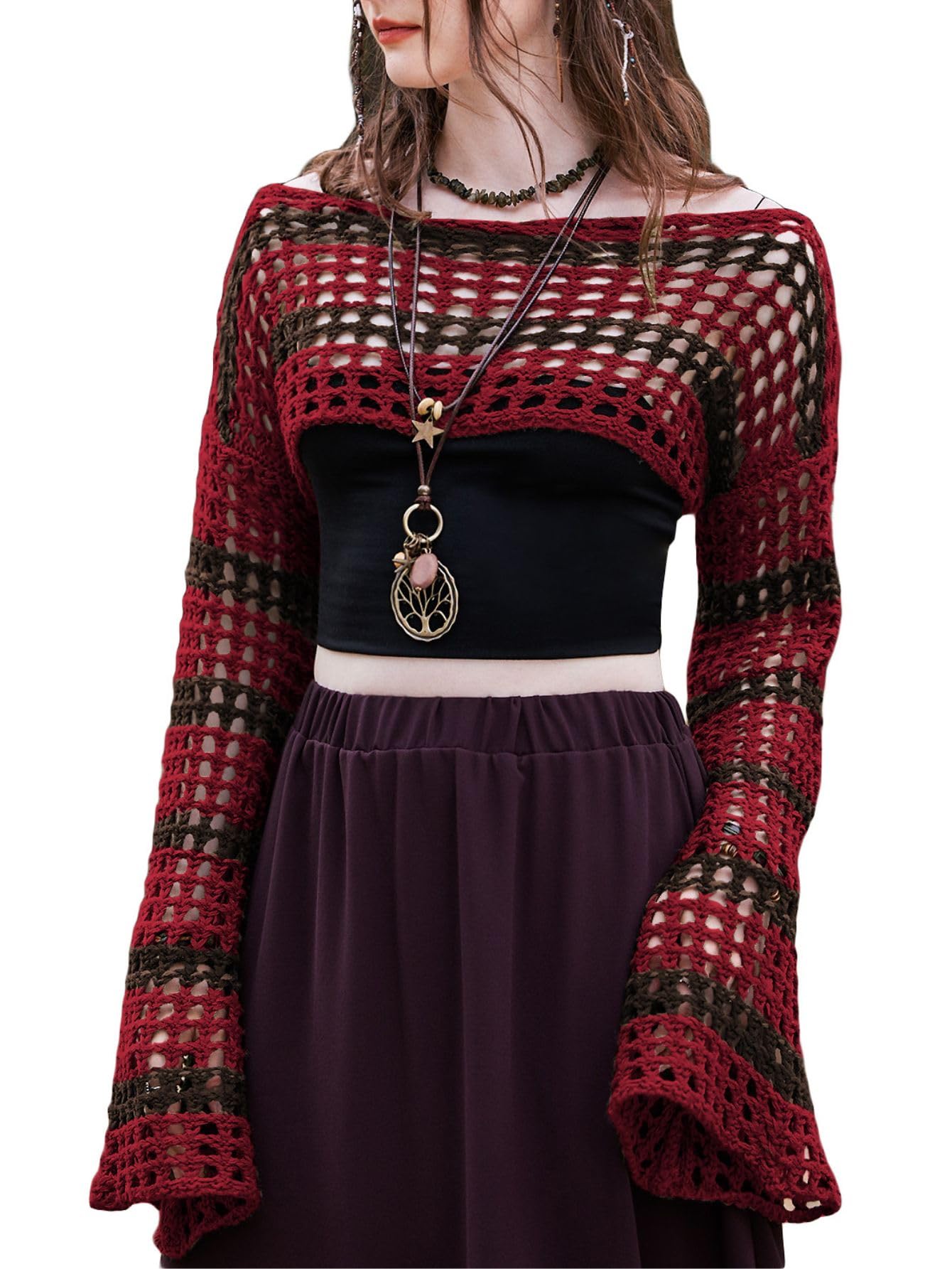 SHENHE Women's Crochet Shrug Hollow Knit Bolero Shrugs Sweater Crop Top Y2K Bell Sleeve Sweater