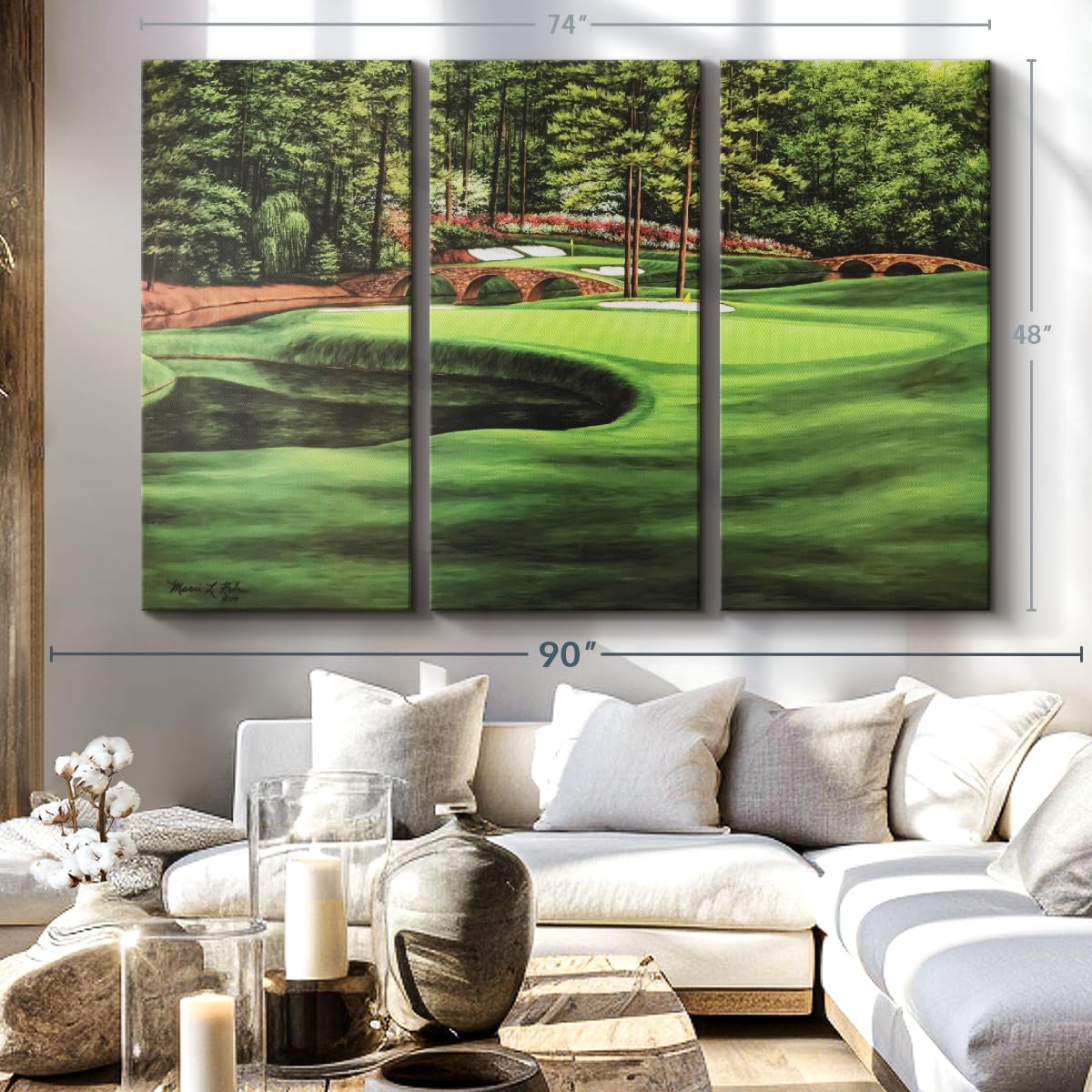 ElephantStock Augusta National 11th Hole I Wall Art - Horizontal Canvas - 3-Piece Living Room Wall Decor - Painting Sports Canvas Print - Green and Brown Decor for Wall by Marci Rule - 74