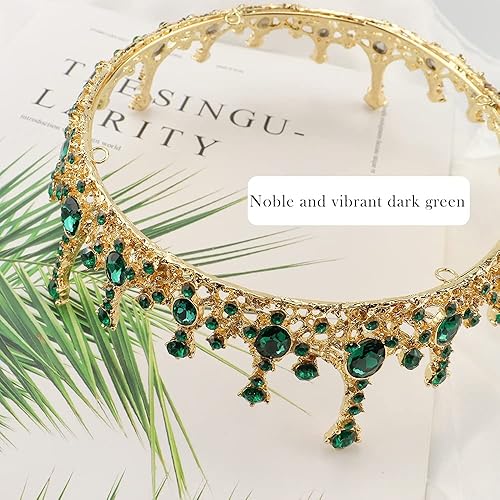 Miniatura 4 de NODG Coronas doradas para mujer, tiaras para mujer con gemas verdes, tiaras doradas para mujer, corona de boda redonda de cristal para mujer, tiaras