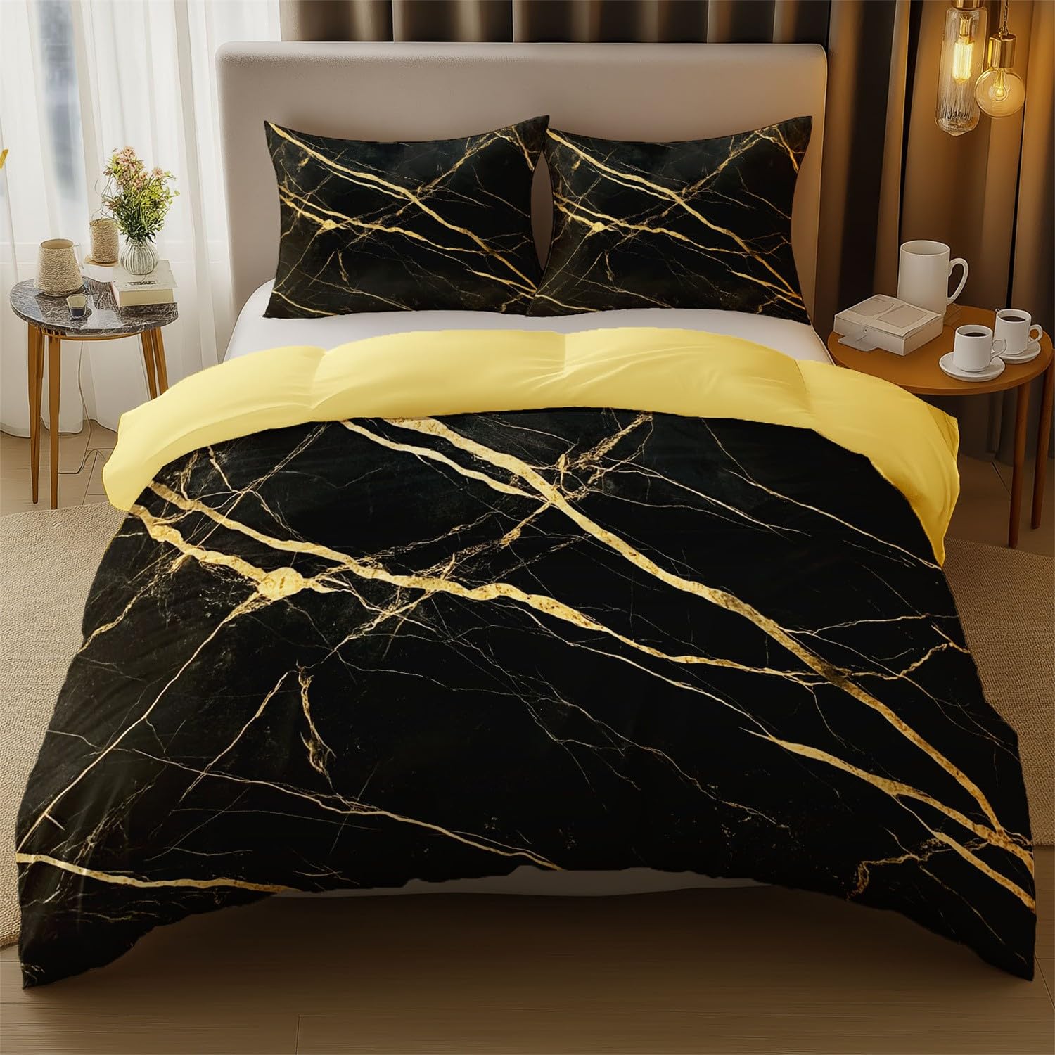 Dwustronna kołdra zestaw pościeli złota tekstura marmurowy wzór nadruk miękka szczotkowana mikrofibra 230 x 220 cm zestawy poszewek na kołdrę - poszewki na poduszki prześcieradło jakość hotelowa