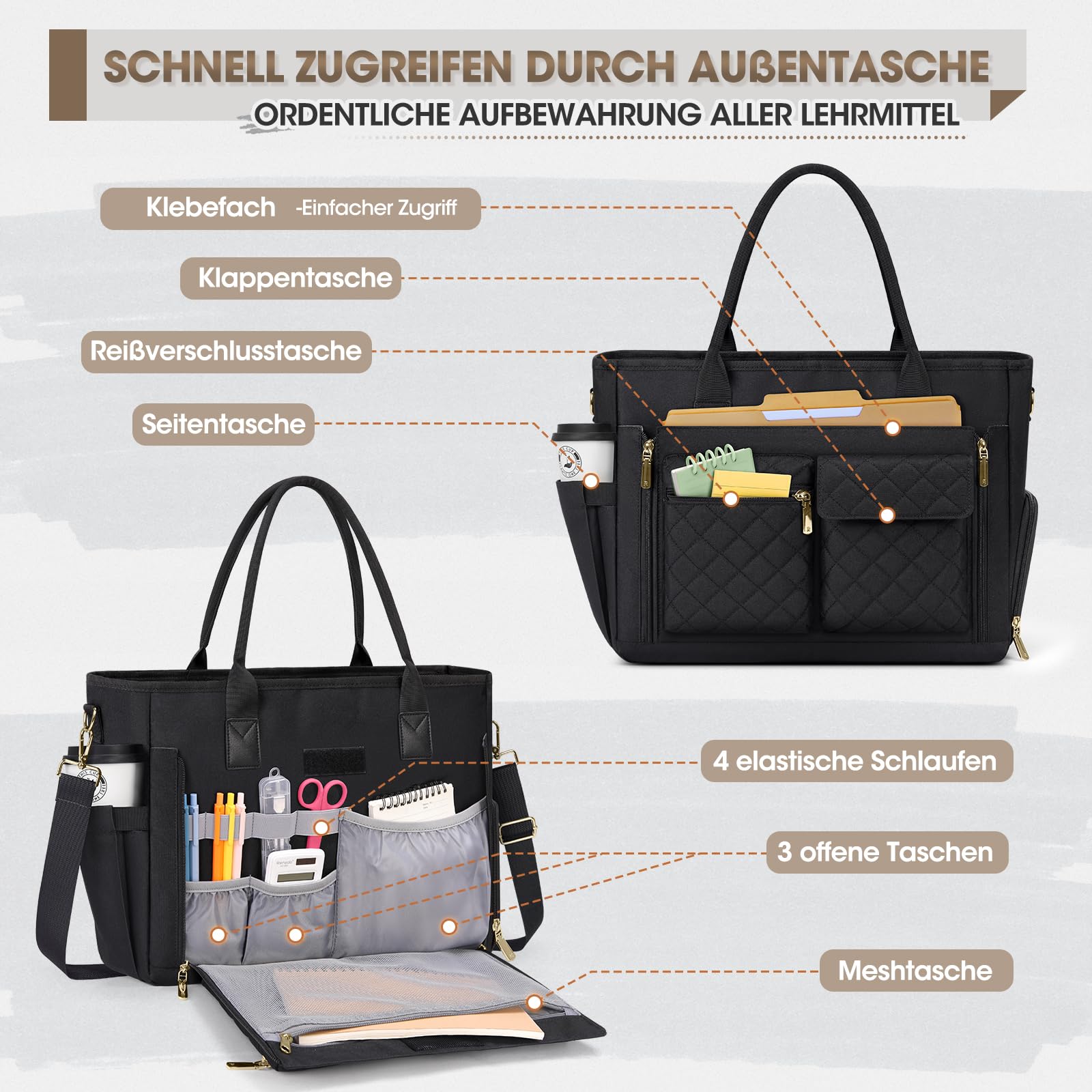 RAINSMORE Laptoptasche Damen 15,6 Zoll Wasserdicht Umhängetasche Schwarz