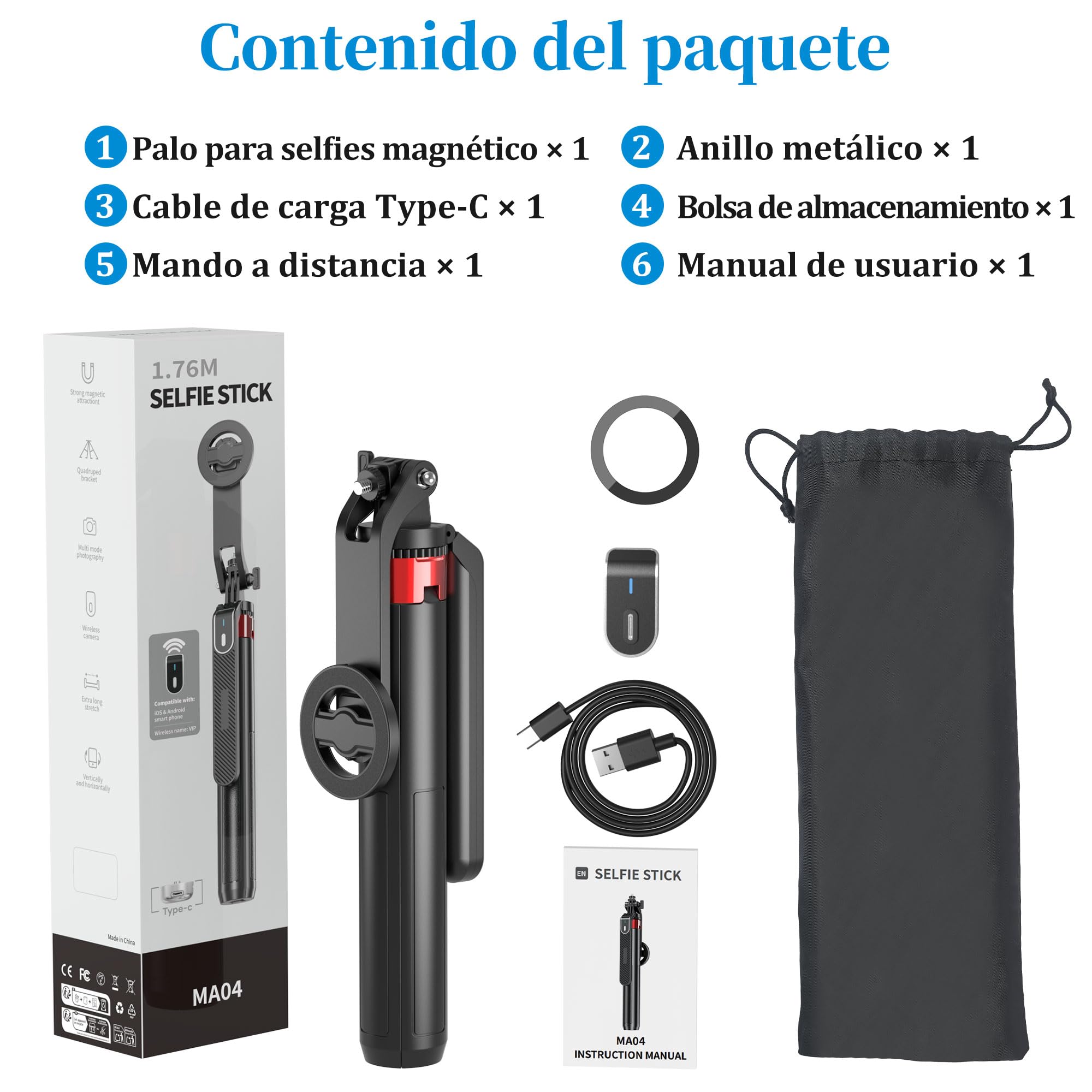 PlusAcc 176 cm Trípode magnético para MagSafe Selfie, Soporte de Aluminio Estable y Soporte de Viaje Giratorio 360°, Compatible con iPhone/Smartphones para Selfies, grabación de vídeo en Directo