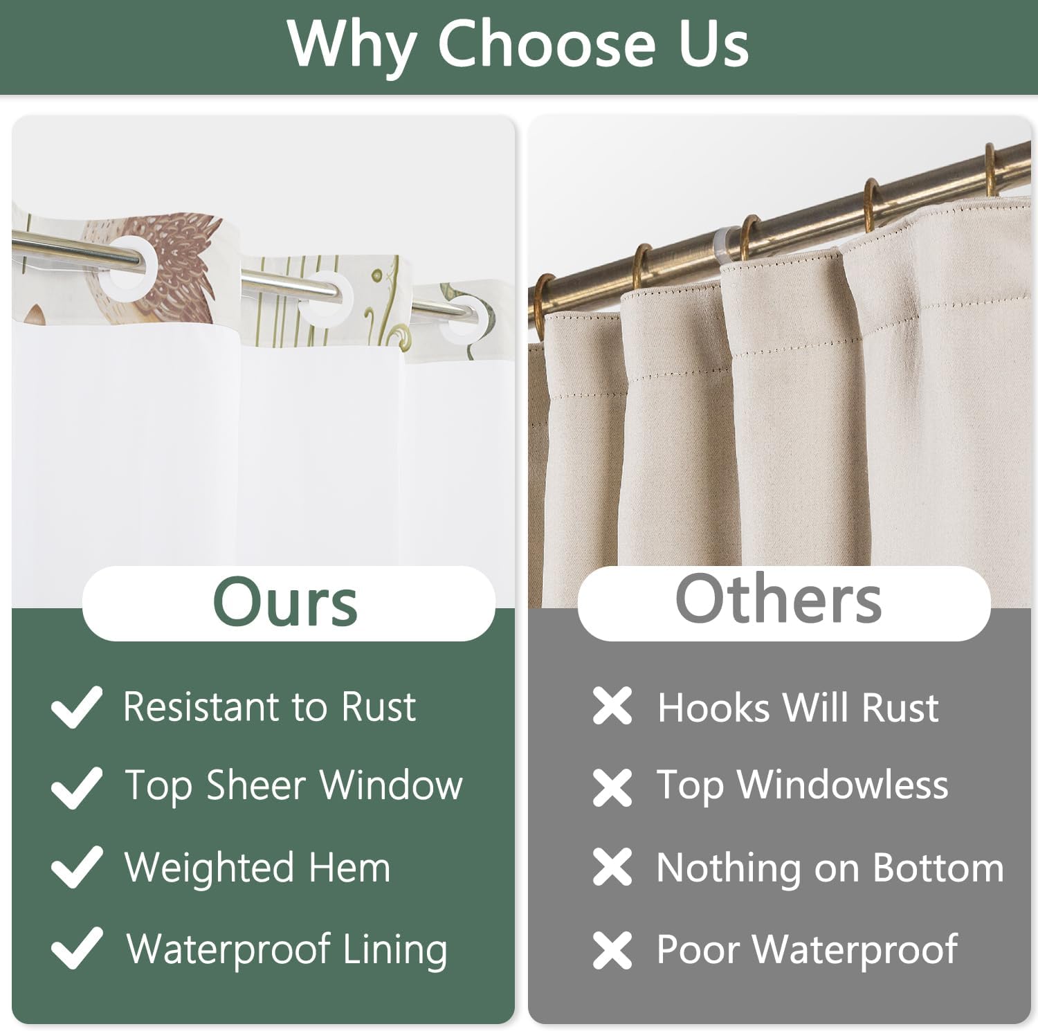 No Hook Rustic Forest Shower Curtain and Liner Set, Farmhouse Wild Animals Butterfly Woodland Bathroom Curtains, Waterproof Fabric Shower Curtain with See Through Top Window, 71x74 Inch